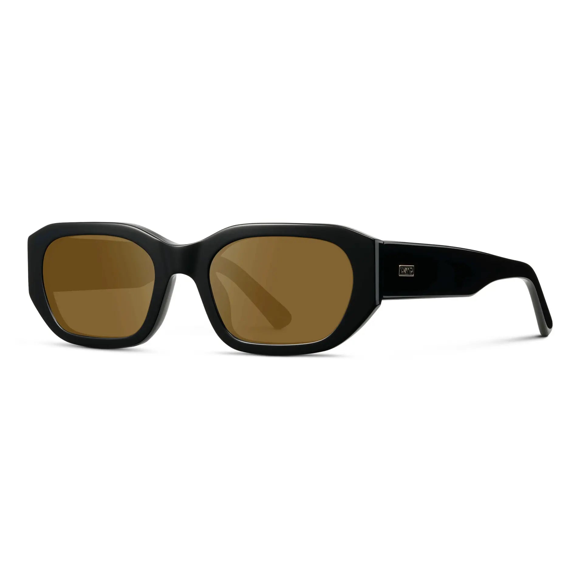 Black / Amber || Side view of Women's Rectangular Cat-Eye Prescription Sunglasses with Black Acetate Frame and Amber Lens on a white background 