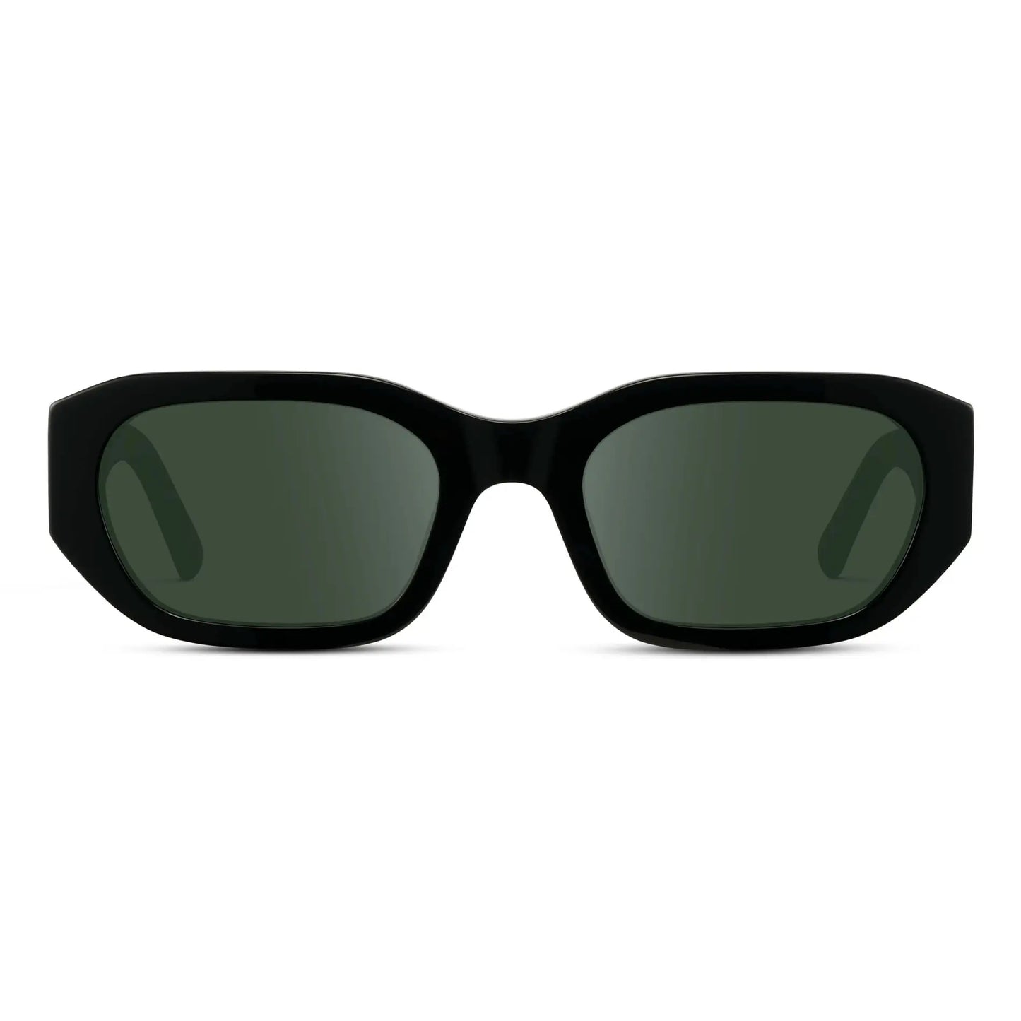 Black / G15 || Women's Rectangular Cat-Eye Prescription Sunglasses with Black Acetate Frame and Green Lens on a white background