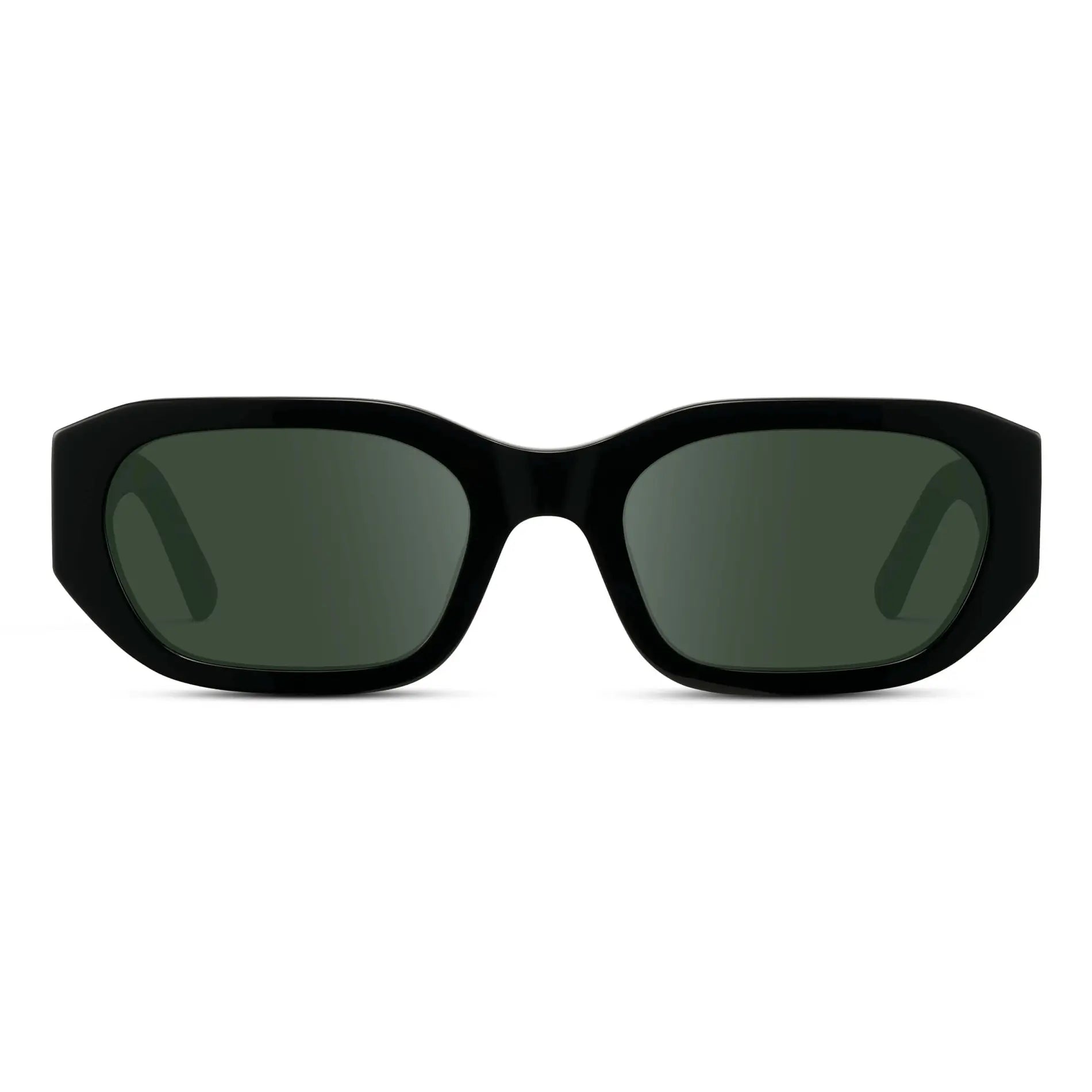 Black / G15 || Women's Rectangular Cat-Eye Prescription Sunglasses with Black Acetate Frame and Green Lens on a white background