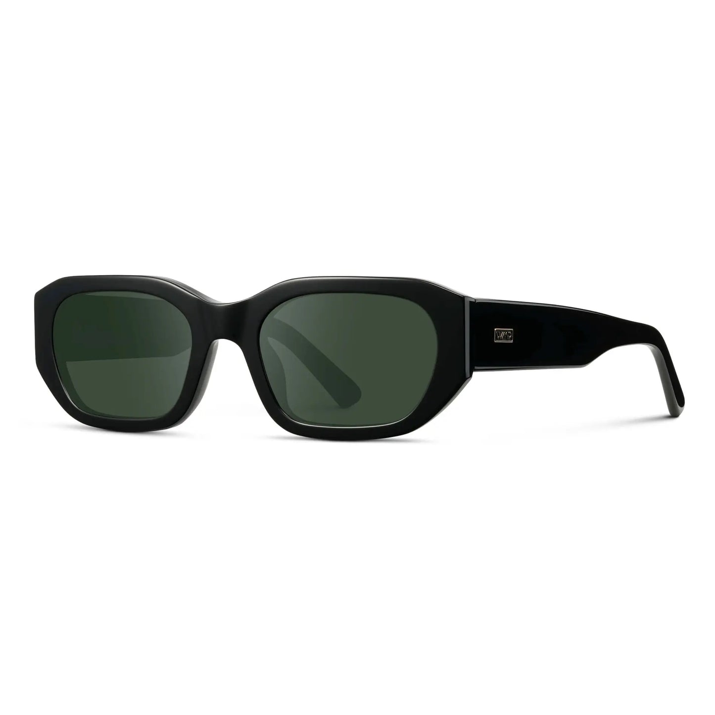 Black / G15 || Side view of Women's Rectangular Cat-Eye Prescription Sunglasses with Black Acetate Frame and Green Lens on a white background 