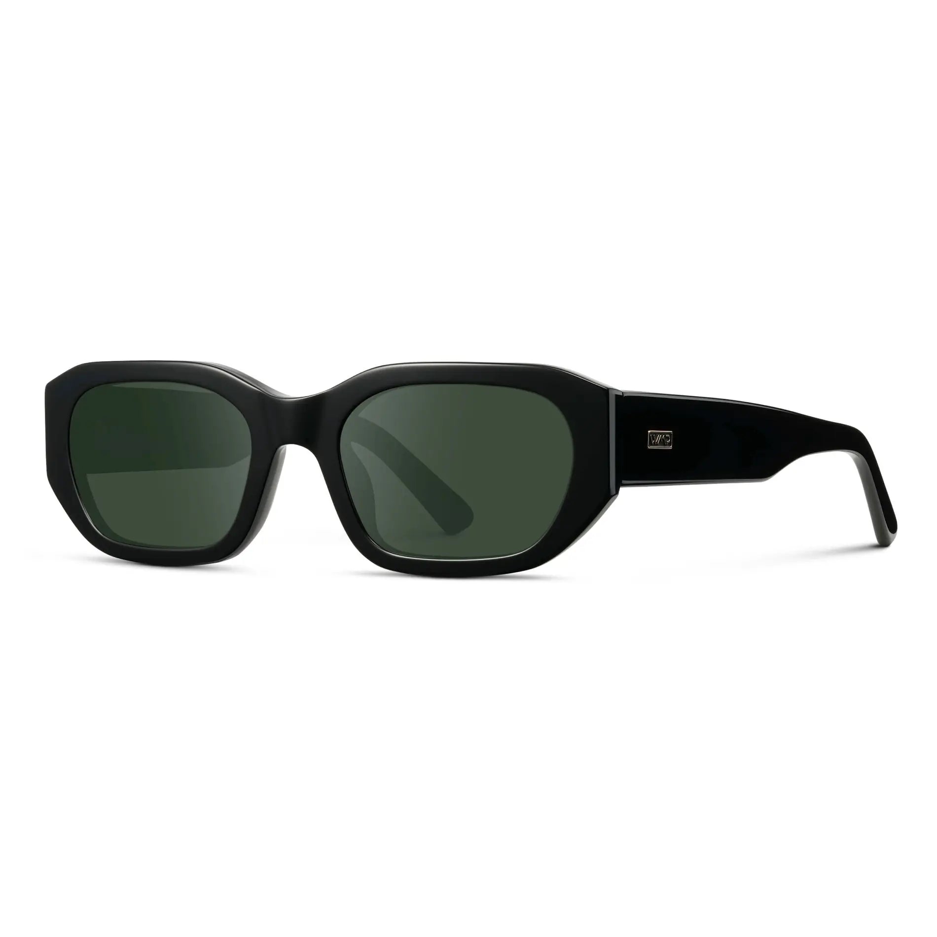 Black / G15 || Side view of Women's Rectangular Cat-Eye Prescription Sunglasses with Black Acetate Frame and Green Lens on a white background 