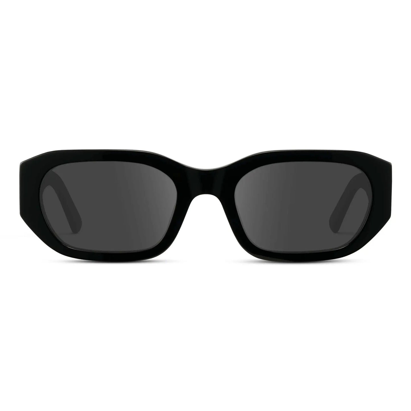 Black / Grey || Women's Rectangular Cat-Eye Prescription Sunglasses with Black Acetate Frame and Grey Lens on a white background 