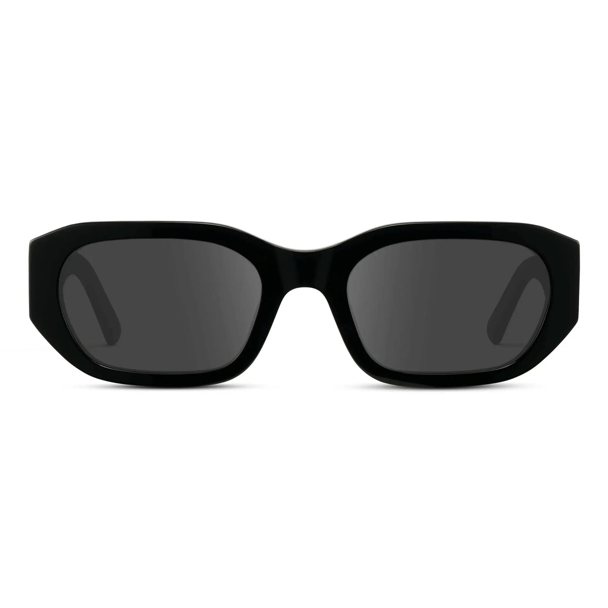 Black / Grey || Women's Rectangular Cat-Eye Prescription Sunglasses with Black Acetate Frame and Grey Lens on a white background 