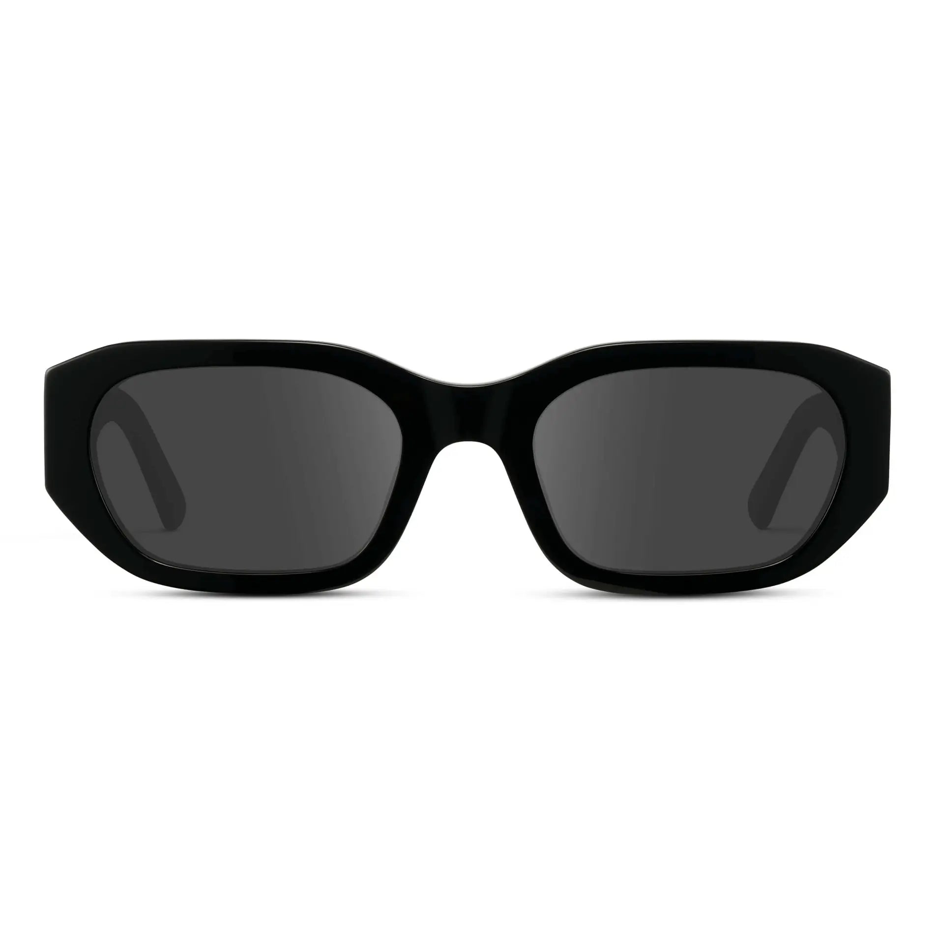 Black / Grey || Women's Rectangular Cat-Eye Prescription Sunglasses with Black Acetate Frame and Grey Lens on a white background 