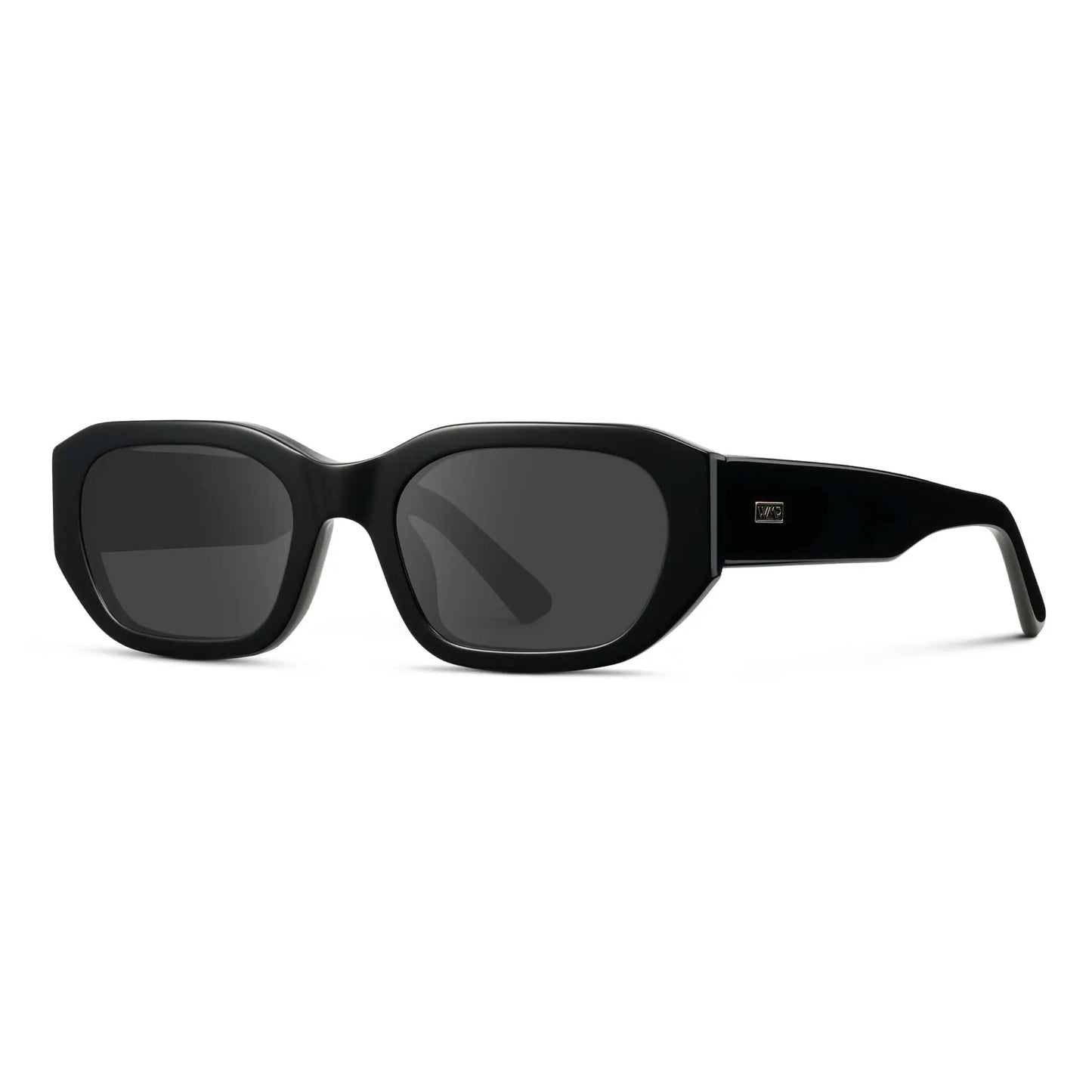 Black / Grey || Side view of Women's Rectangular Cat-Eye Prescription Sunglasses with Black Acetate Frame and Grey Lens on a white background 