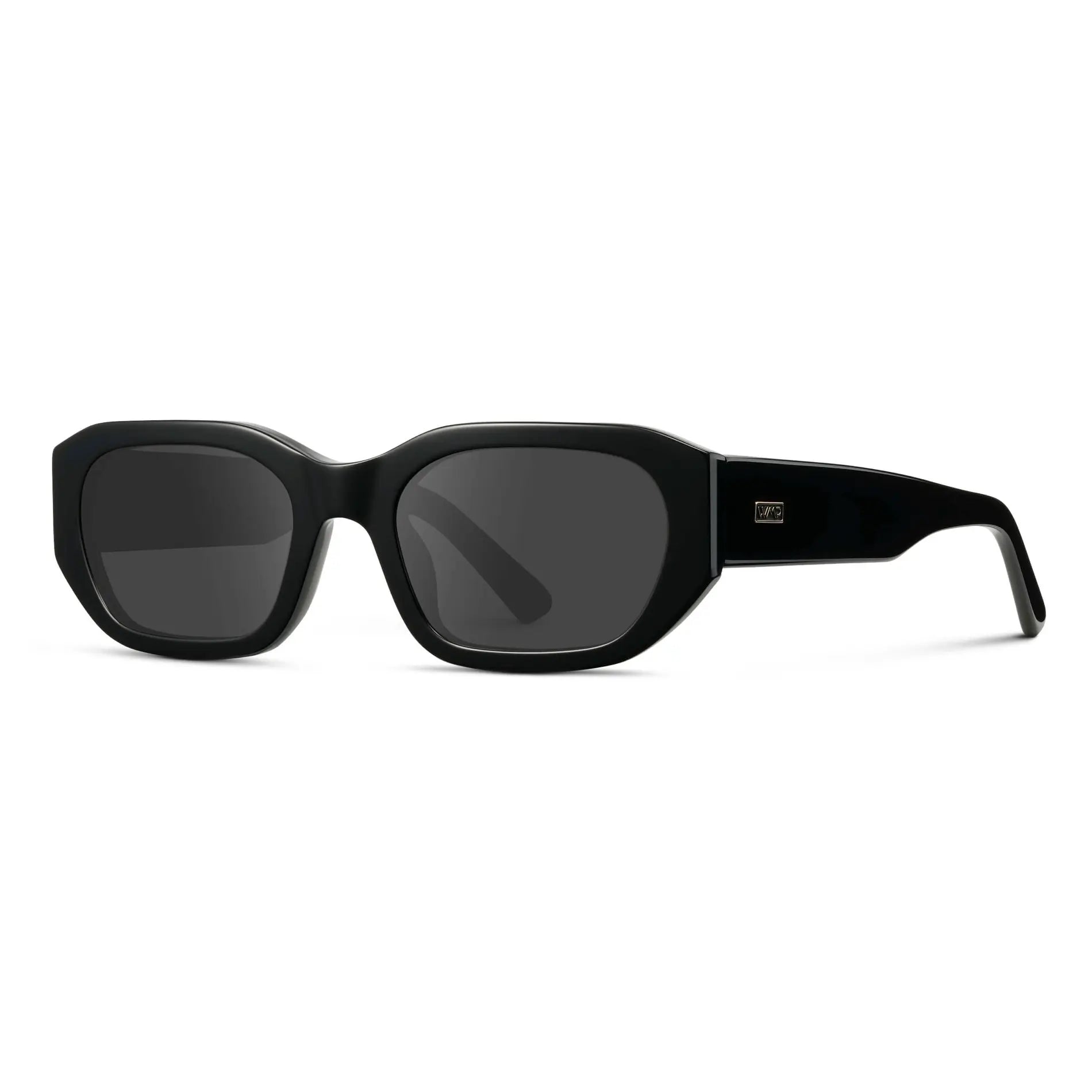 Black / Grey || Side view of Women's Rectangular Cat-Eye Prescription Sunglasses with Black Acetate Frame and Grey Lens on a white background 