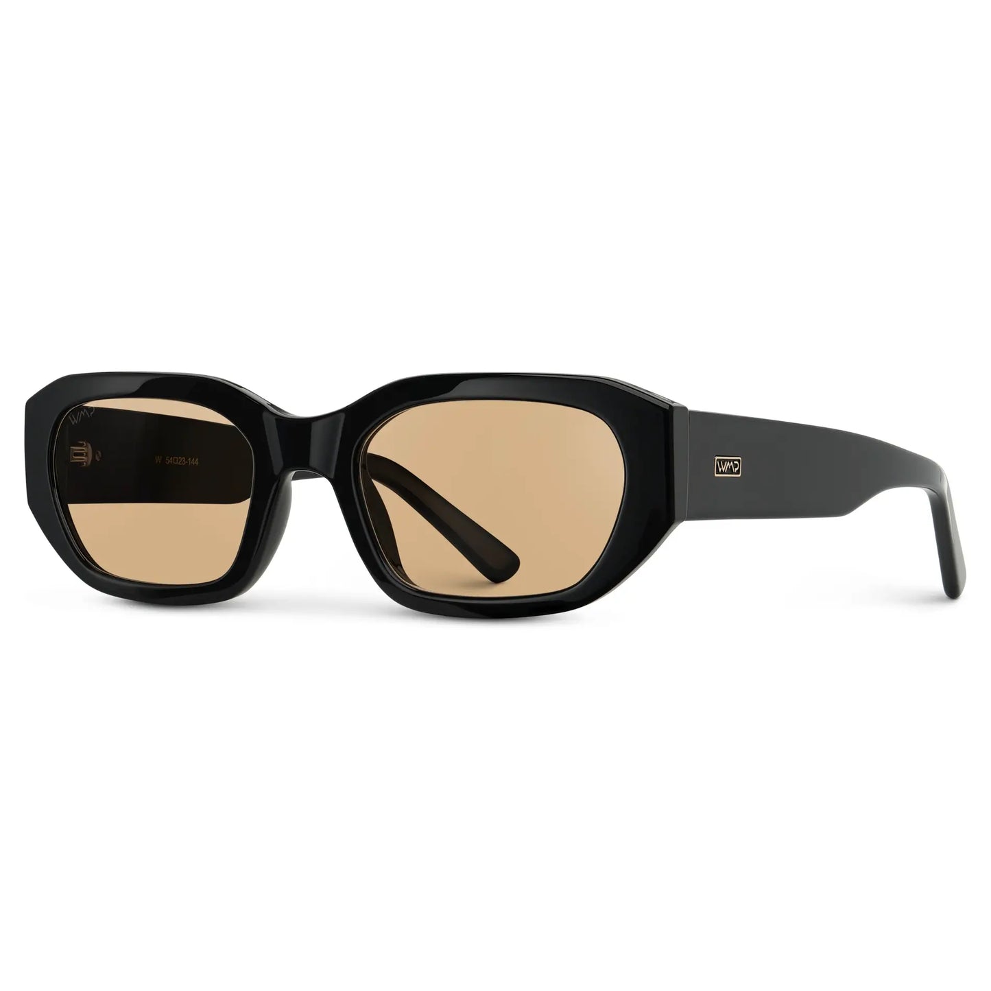 Black / Gold Tinted Lens || Side view of Women's Rectangular Cateye Sunglasses with Black Frame and Gold Tinted Lens on a white background