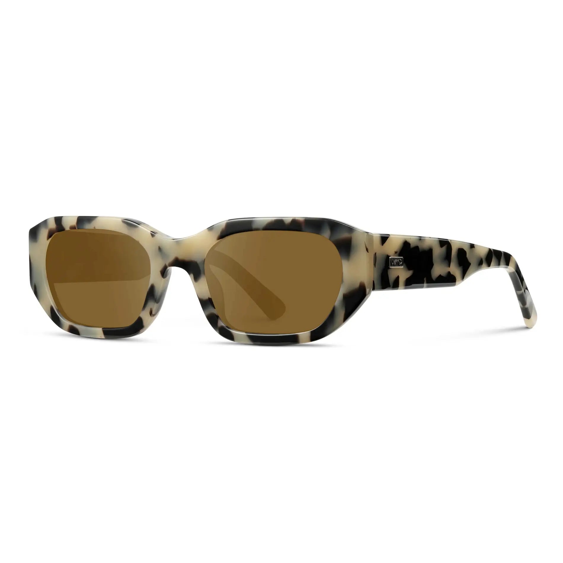 Beige Tortoise / Amber || Side view of Women's Rectangular Cat-Eye Prescription Sunglasses with Beige Tortoise Acetate Frame and Amber Lens on a white background