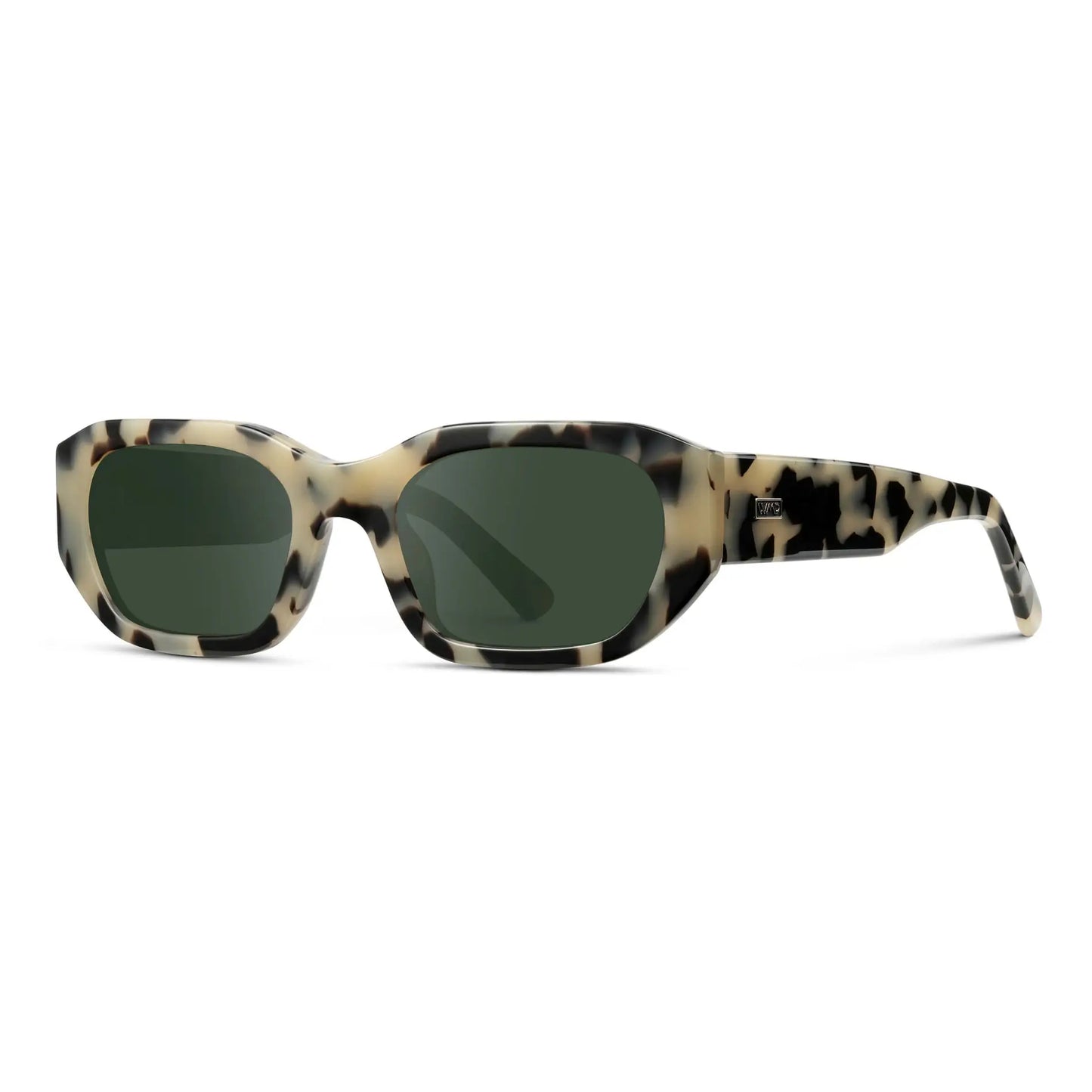 Beige Tortoise / G15 || Side view of Women's Rectangular Cat-Eye Prescription Sunglasses with Beige Tortoise Acetate Frame and Green Lens on a white background 