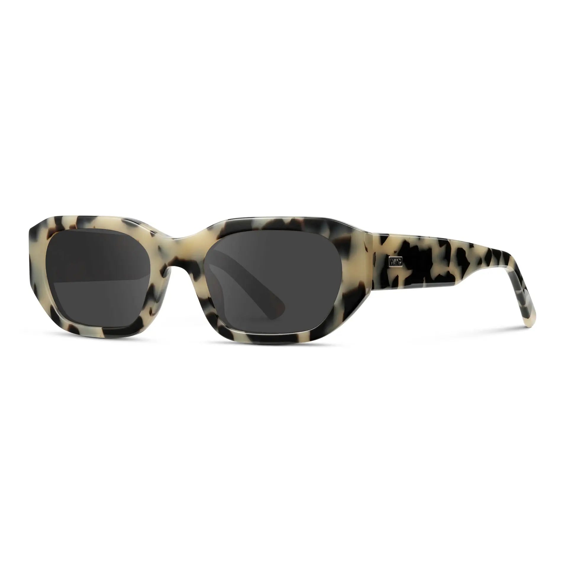 Beige Tortoise / Grey || Side view of Women's Rectangular Cat-Eye Prescription Sunglasses with Beige Tortoise Acetate Frame and Grey Lens on a white background 