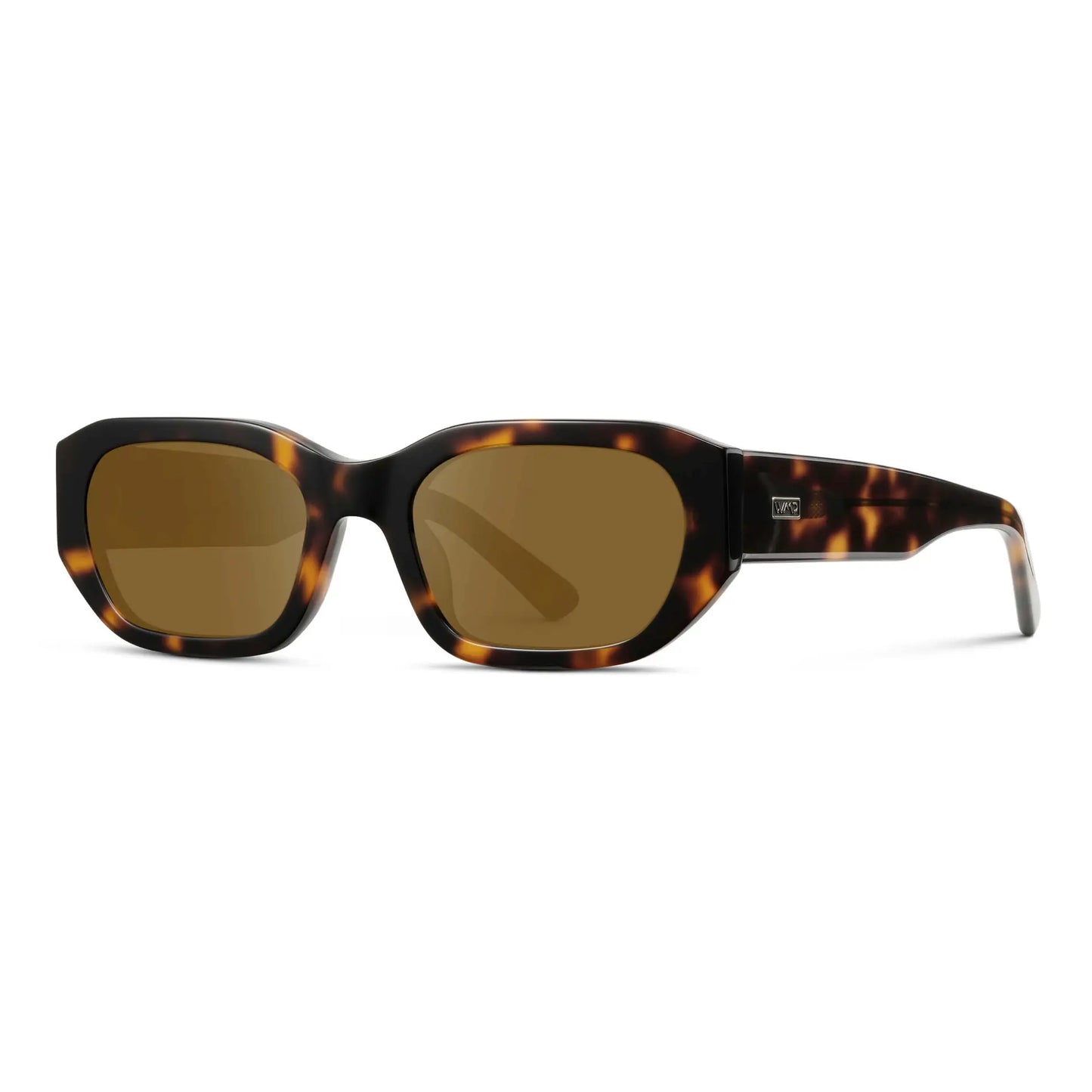 Tortoise / Amber || Side view of Women's Rectangular Cat-Eye Prescription Sunglasses with Brown Tortoise Acetate Frame and Amber Lens on a white background 