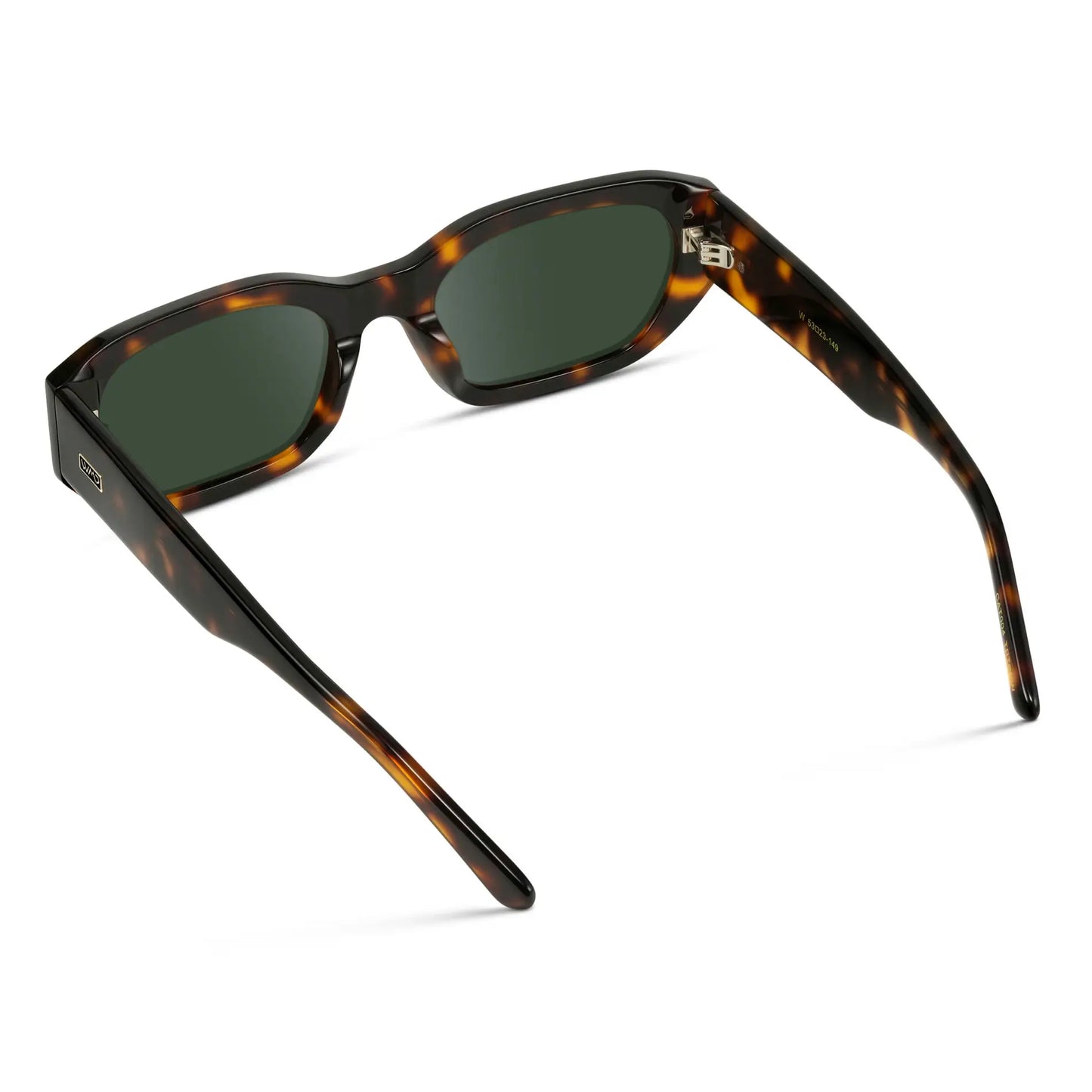 Tortoise / G15 || Back view of Women's Rectangular Cat-Eye Prescription Sunglasses with Brown Tortoise Acetate Frame and Green Lens on a white background