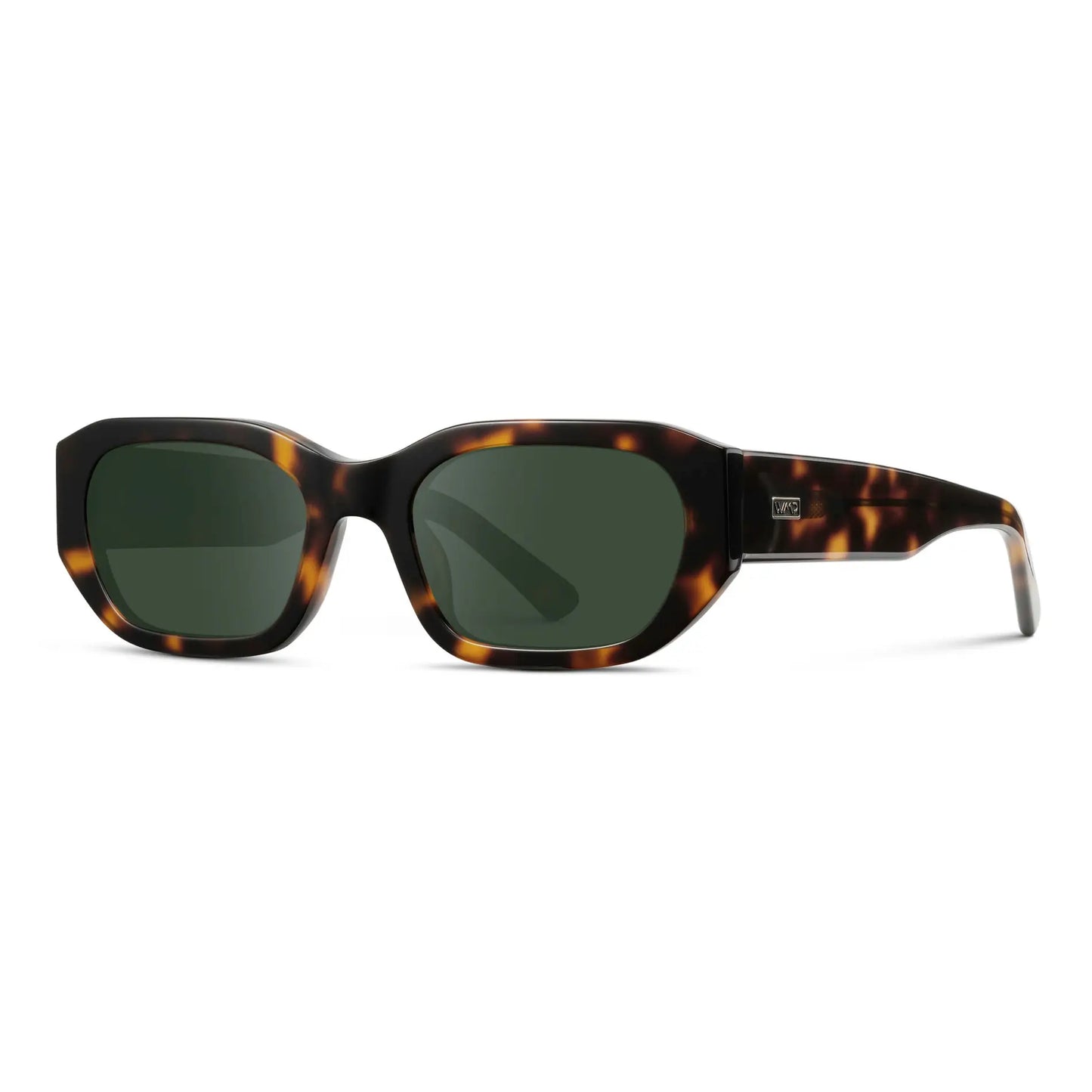 Tortoise / G15 || Side view of Women's Rectangular Cat-Eye Prescription Sunglasses with Brown Tortoise Acetate Frame and Green Lens on a white background
