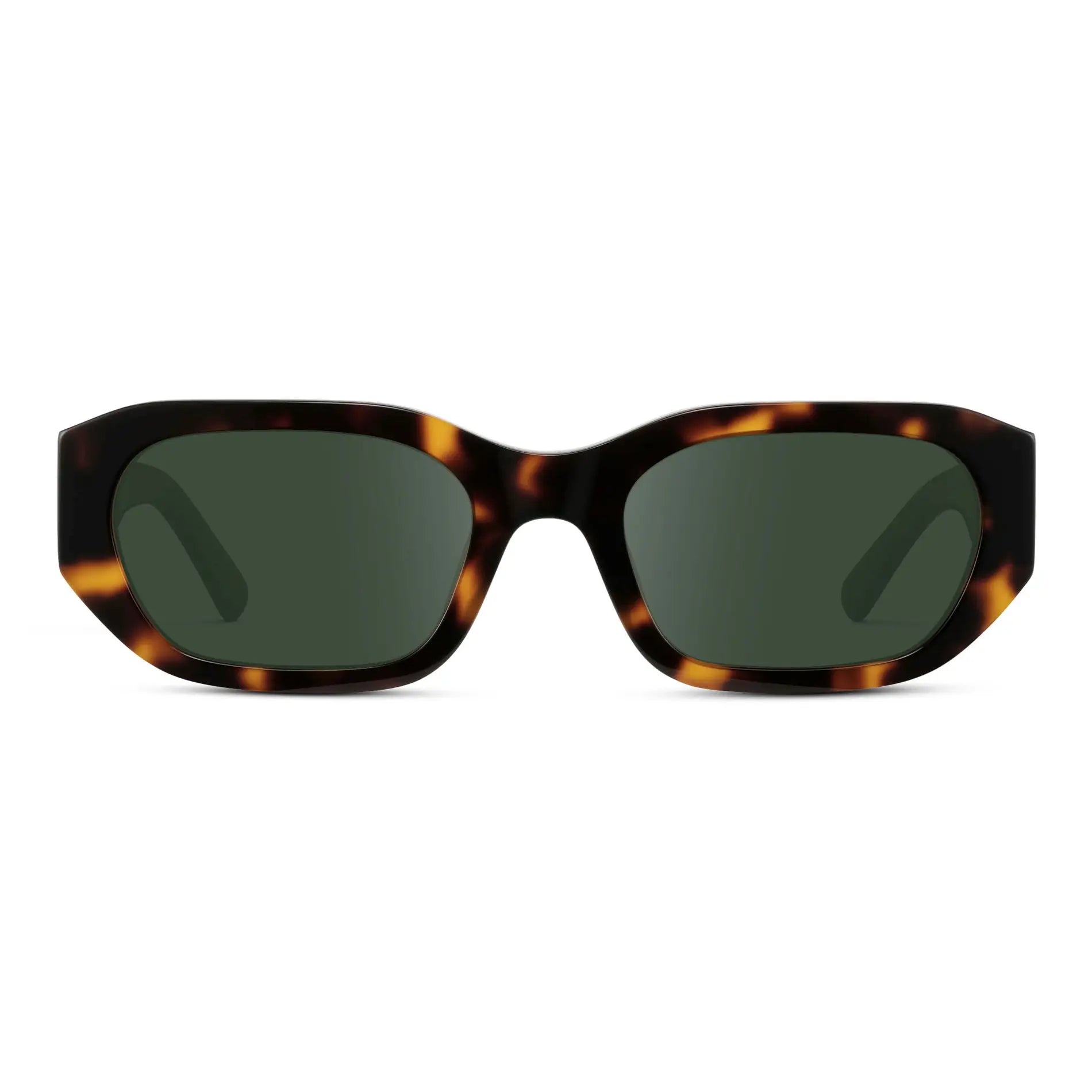 Tortoise / G15 || Women's Rectangular Cat-Eye Prescription Sunglasses with Brown Tortoise Acetate Frame and Green Lens on a white background 