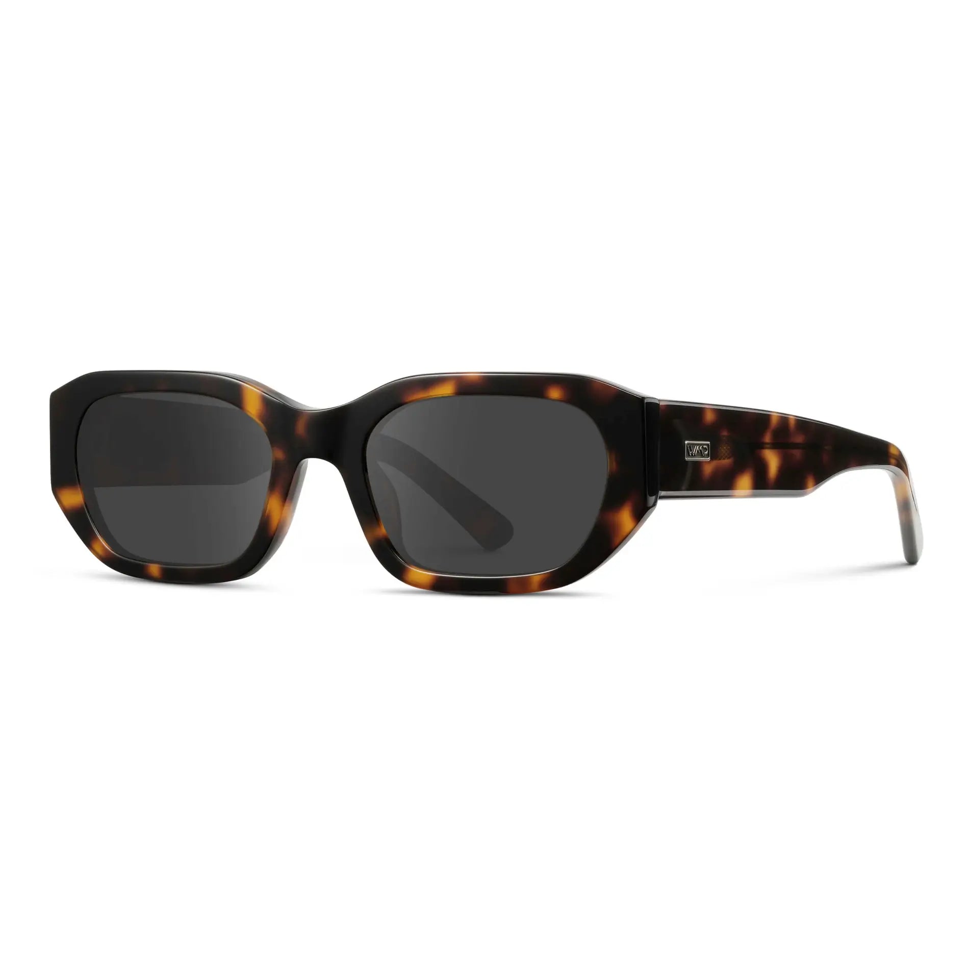 Tortoise / Grey || Side view of Women's Rectangular Cat-Eye Prescription Sunglasses with Brown Tortoise Acetate Frame and Grey Lens on a white background 