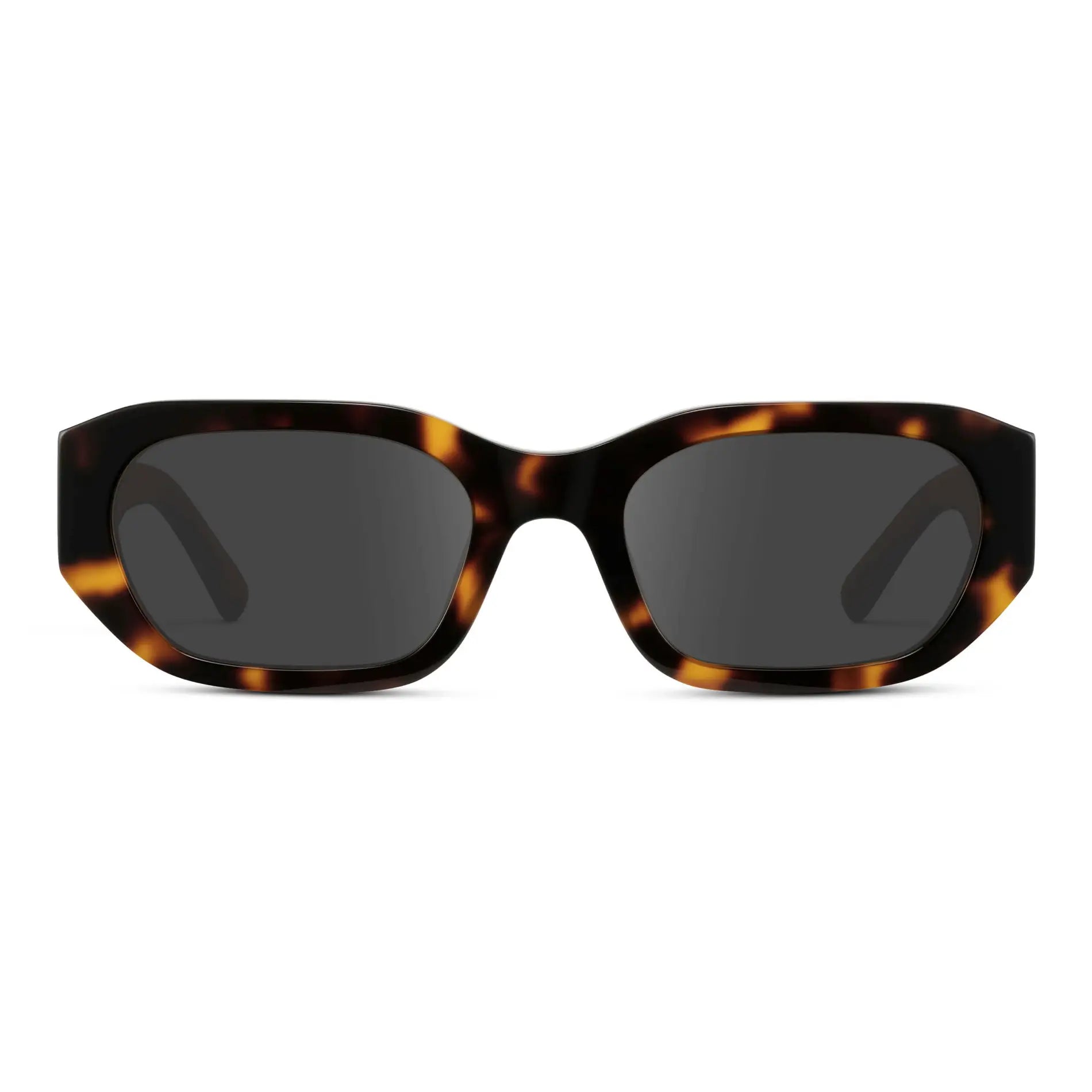 Tortoise / Grey || Women's Rectangular Cat-Eye Prescription Sunglasses with Brown Tortoise Acetate Frame and Grey Lens on a white background 