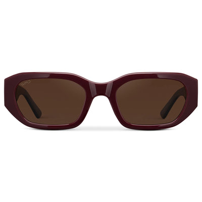 Black Cherry Red / Dark Brown Lens || Front view of Women's Rectangular Cat-Eye Polarized Sunglasses with Black Cherry Red frame and Dark Brown lens on a white background
