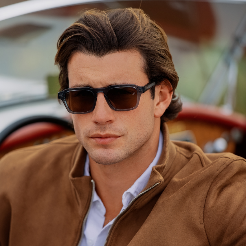 Crystal Stone Blue / Brown Lens || Men's Rectangular Polarized Sunglasses with Blue Acetate Frame and Brown Lens