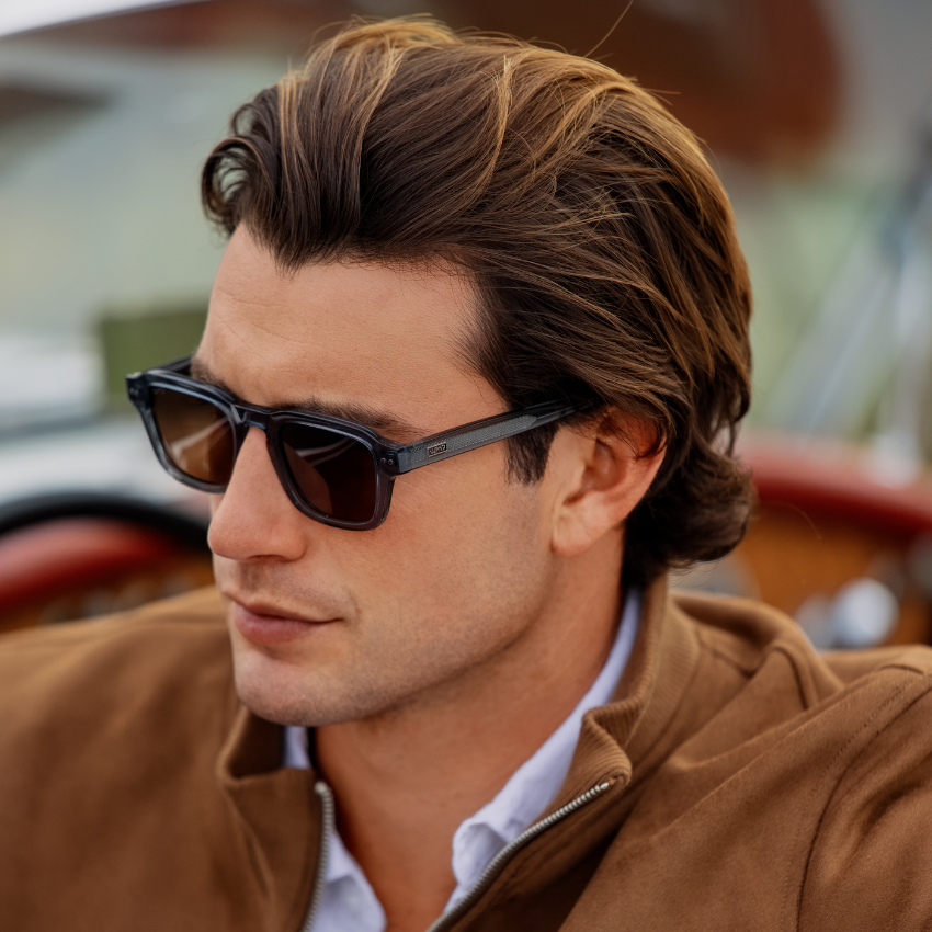 Crystal Stone Blue / Brown Lens || Men's Rectangular Polarized Sunglasses with Blue Acetate Frame and Brown Lens