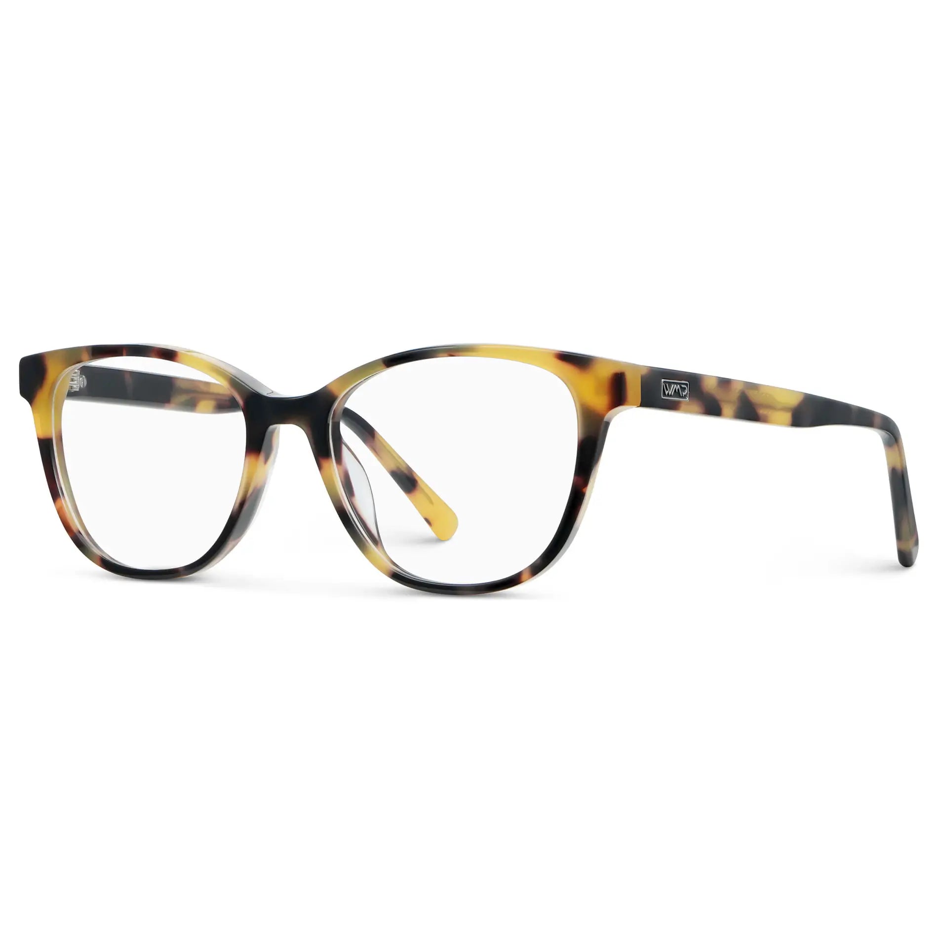 Dune Tortoise || Side view of Women's Cat-Eye Blue Light Blocking Glasses with Dune Tortoise Acetate Frame and Clear Lens on a white background 