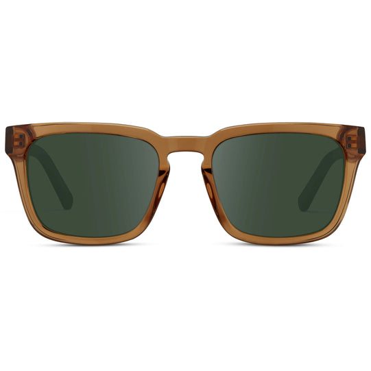 Crystal Brown / G15 || Men's Sleek Square Prescription Sunglasses with Crystal Brown Acetate Frame and Green Prescription Lens