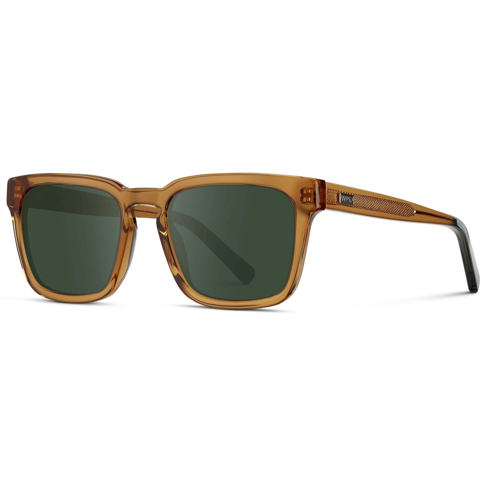 Crystal Brown / G15 || Men's Sleek Square Prescription Sunglasses with Crystal Brown Acetate Frame and Green Prescription Lens