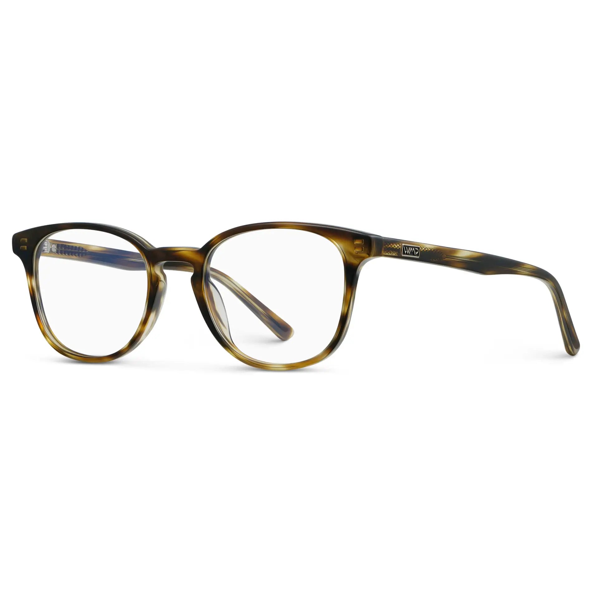 Hickory Brown || Side view of Unisex Blue Light Blocking Glasses with Hickory Brown Acetate Frame and Clear Lens on a white background