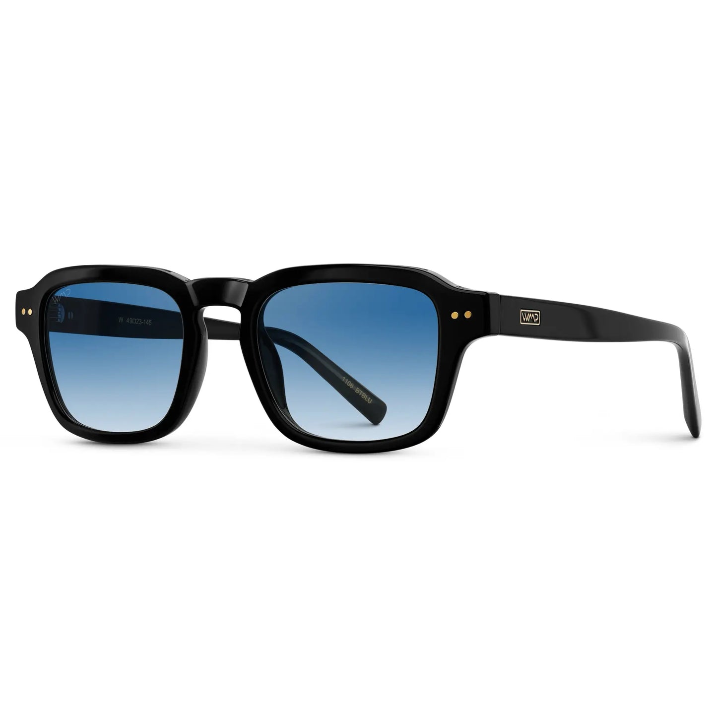 Black / Blue Gradient Tinted Lens || Side view of Men's Rectangular Sunglasses with Black Frame and Blue Gradient Tinted Lens
