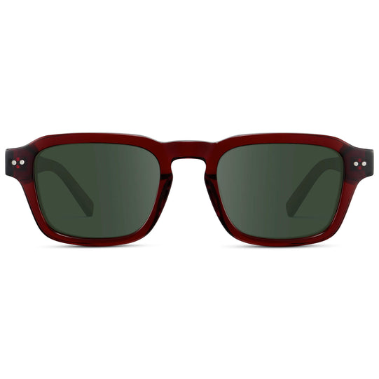 Red Garnet / G15 Lens || Men's Rectangular Prescription Sunglasses with Red Acetate Frame and Green Prescription Lens