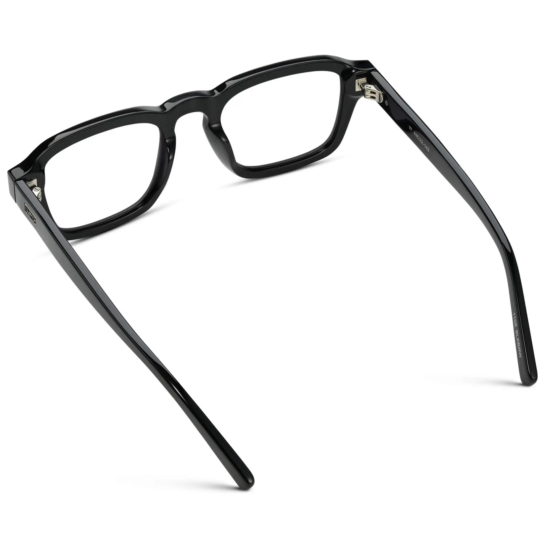 Black || Back view of Men's Rectangular Prescription Eyeglasses with Black Acetate Frame and Clear Prescription Lenses on a white background