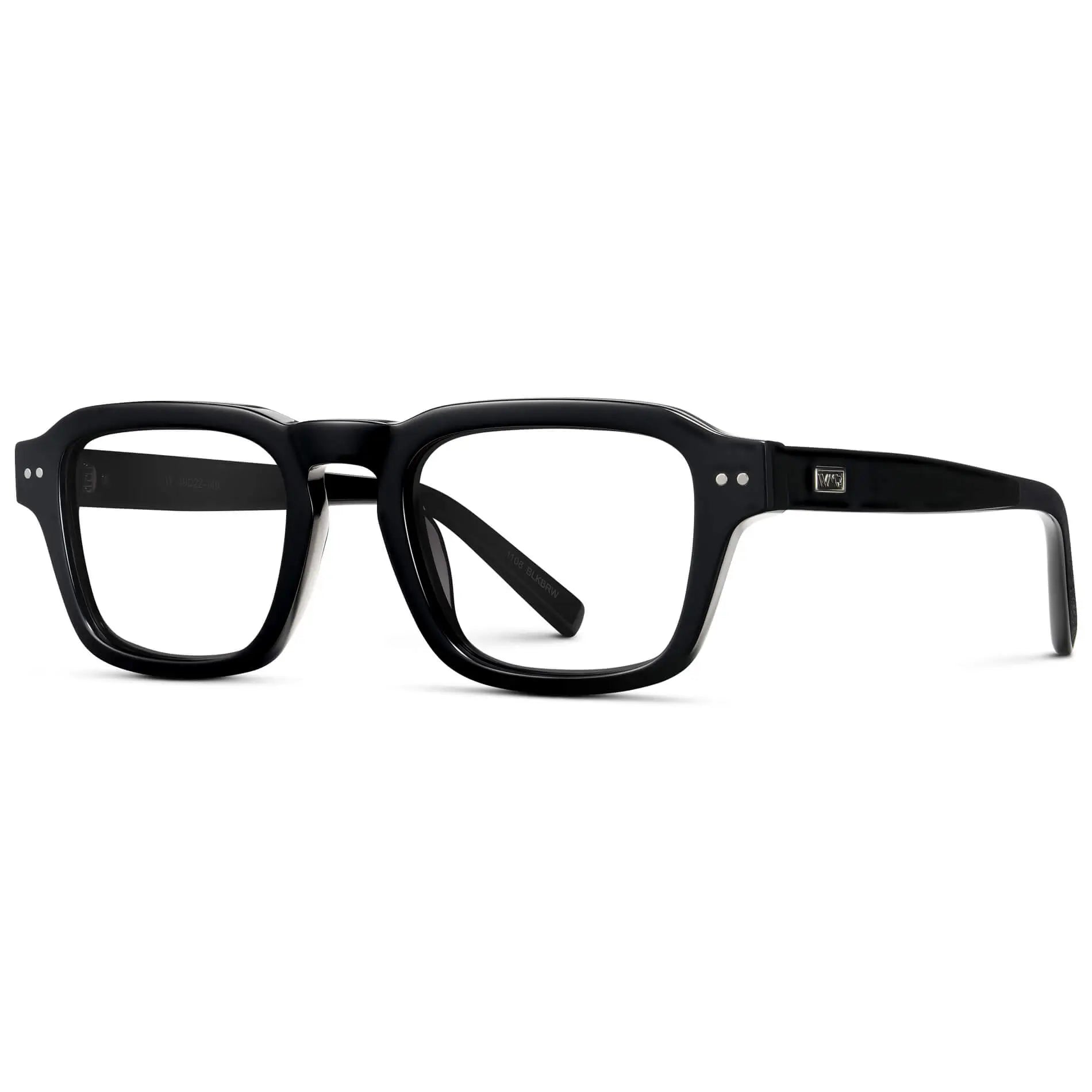 Black || Side view of Men's Rectangular Prescription Eyeglasses with Black Acetate Frame and Clear Prescription Lenses on a white background