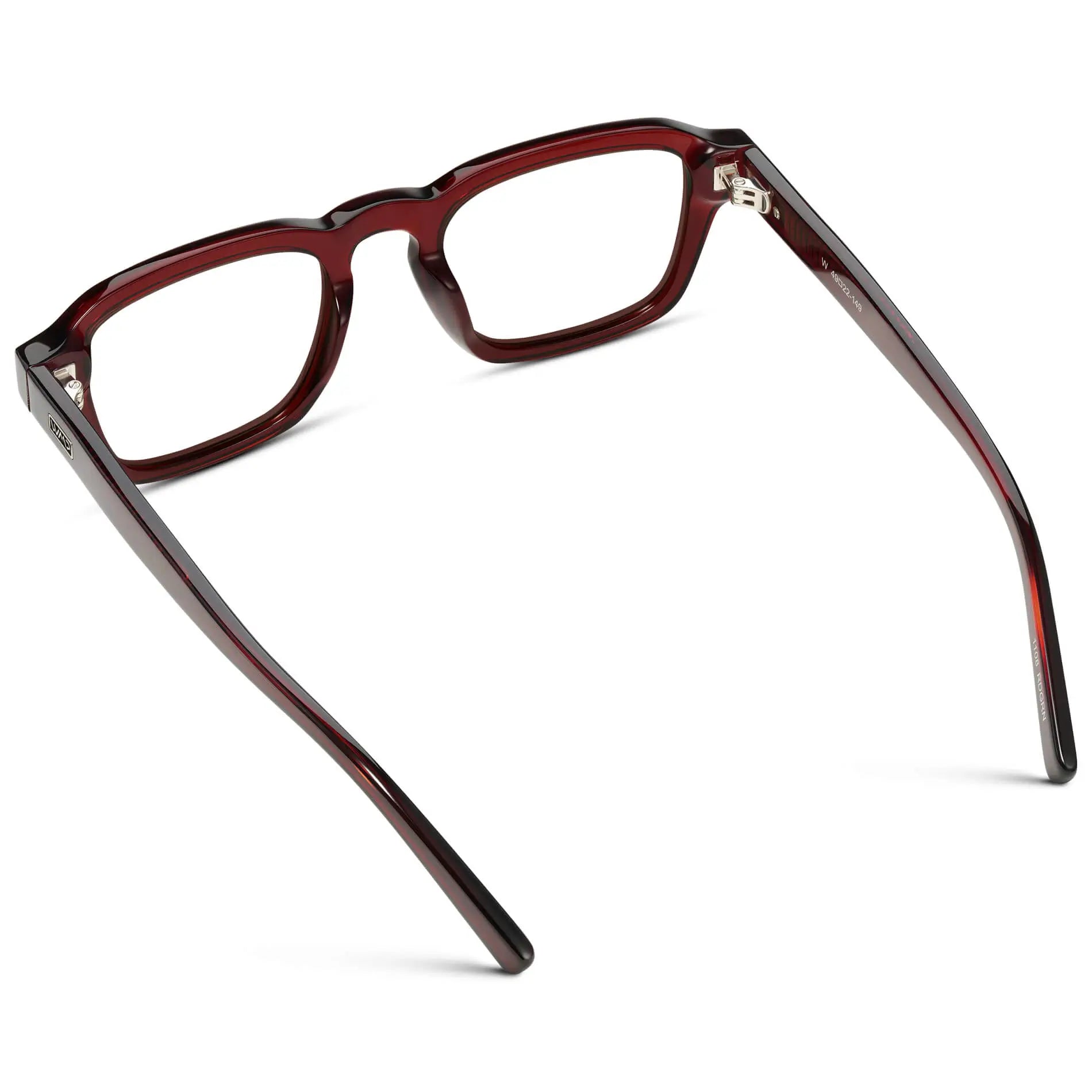 Red Garnet || Back view of Men's Rectangular Prescription Eyeglasses with Red Garnet Acetate Frame and Clear Prescription Lenses on a white background