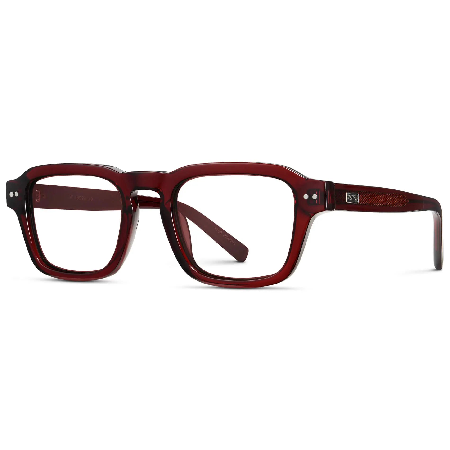 Red Garnet || Side view of Men's Rectangular Prescription Eyeglasses with Red Garnet Acetate Frame and Clear Prescription Lenses on a white background
