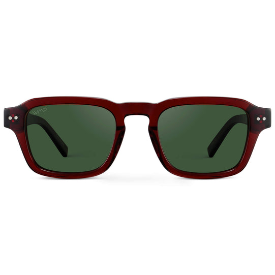 Red Garnet / Smoke Green Lens || Men's Rectangular Polarized Sunglasses with Red Acetate Frame and Smoke Green Lens