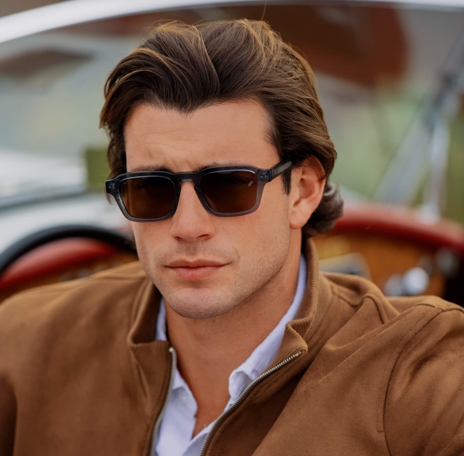 Crystal Stone Blue / Brown Lens || Men's Rectangular Polarized Sunglasses with Blue Acetate Frame and Brown Lens