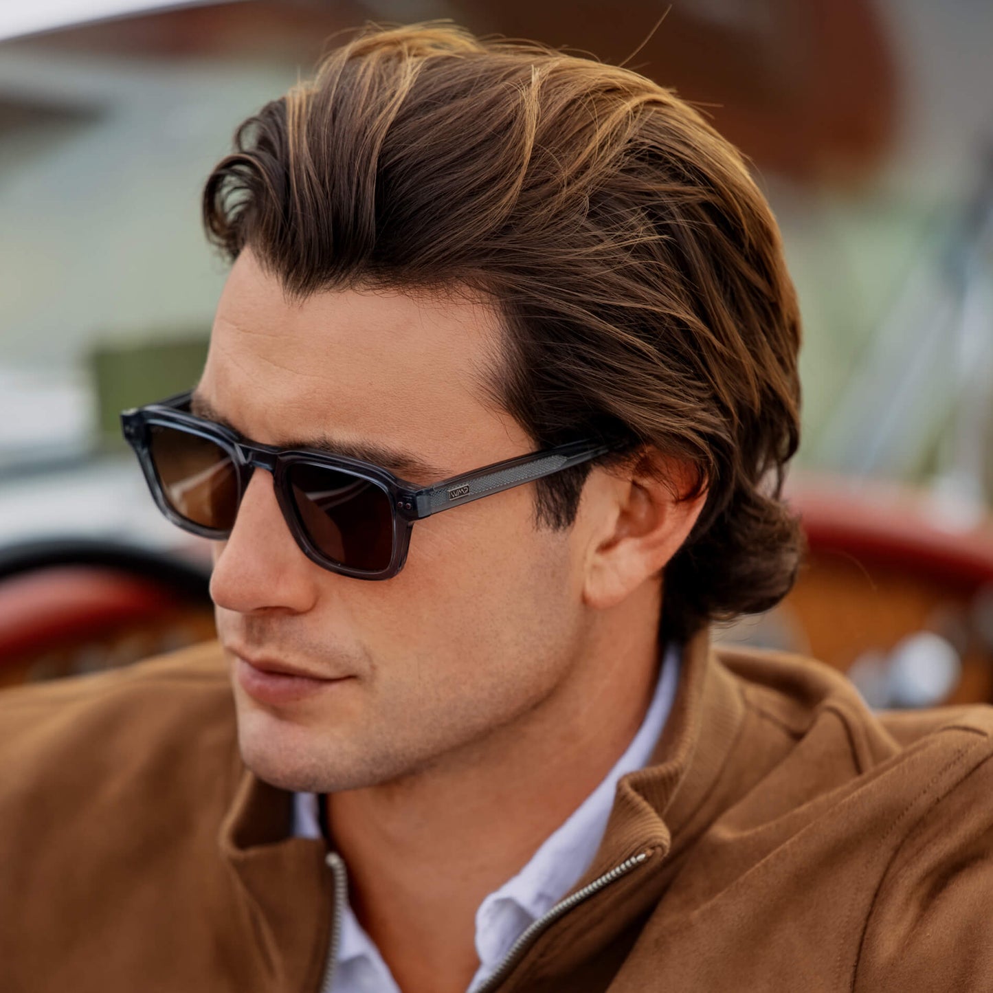Crystal Stone Blue / Brown Lens || Men's Rectangular Polarized Sunglasses with Blue Acetate Frame and Brown Lens