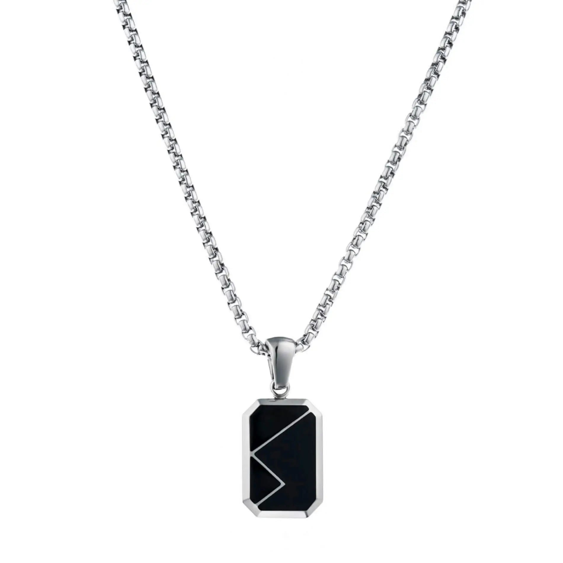 Silver / Dusk Black Pendant || Handmade Geometric Polished Silver Stainless Steel Rectangular Black Pendant Necklace