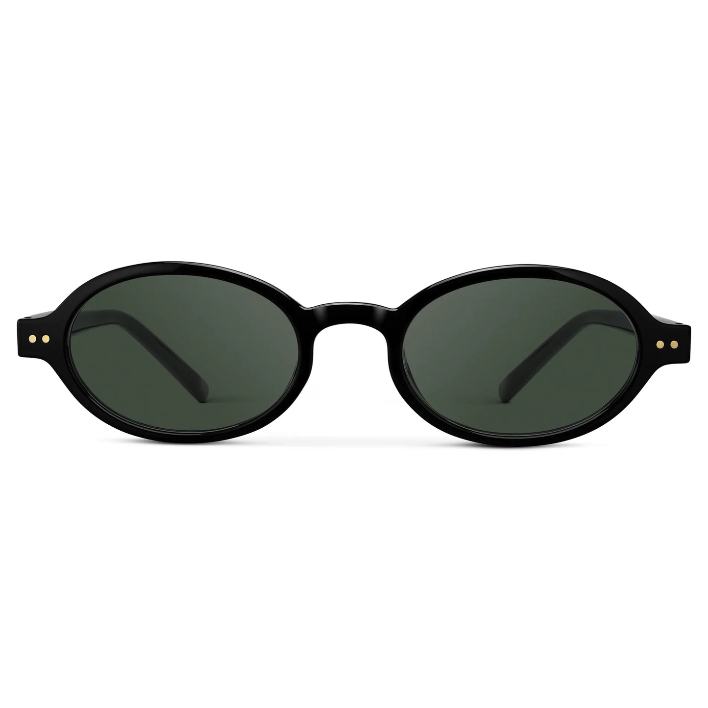 Black / G15 || Women's Slim Oval Prescription Sunglasses with Black Frame and Green Lens on a white background