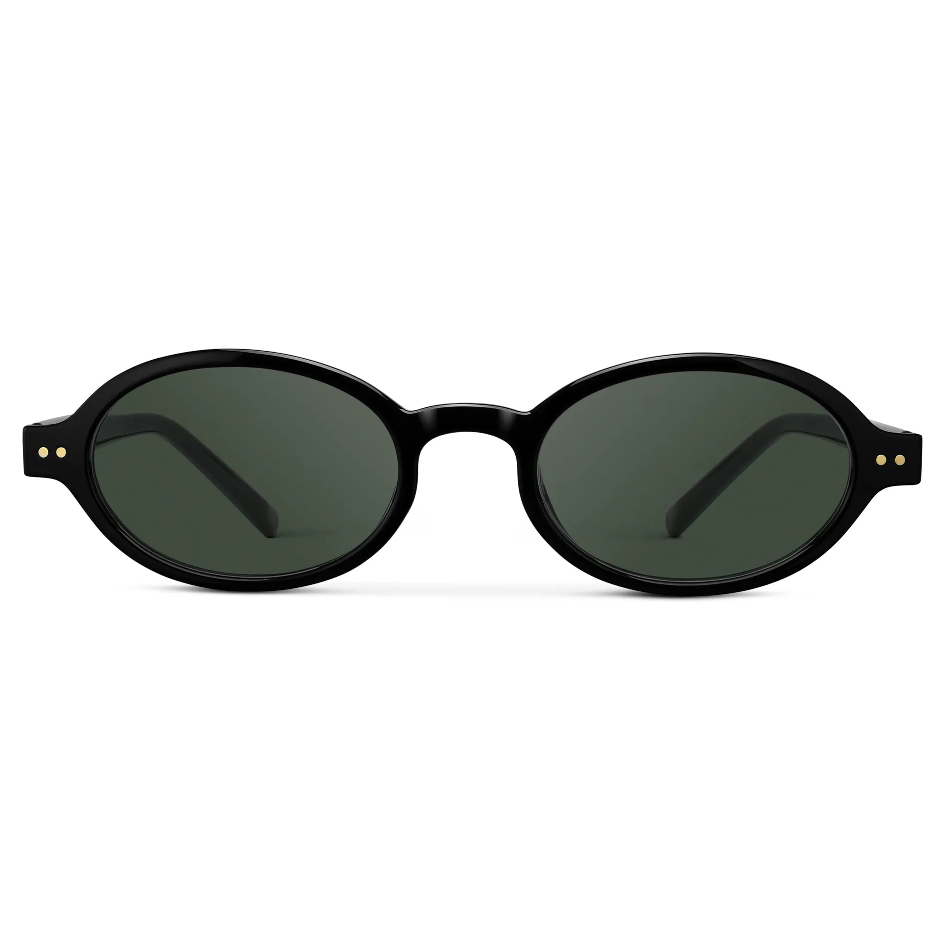 Black / G15 || Women's Slim Oval Prescription Sunglasses with Black Frame and Green Lens on a white background