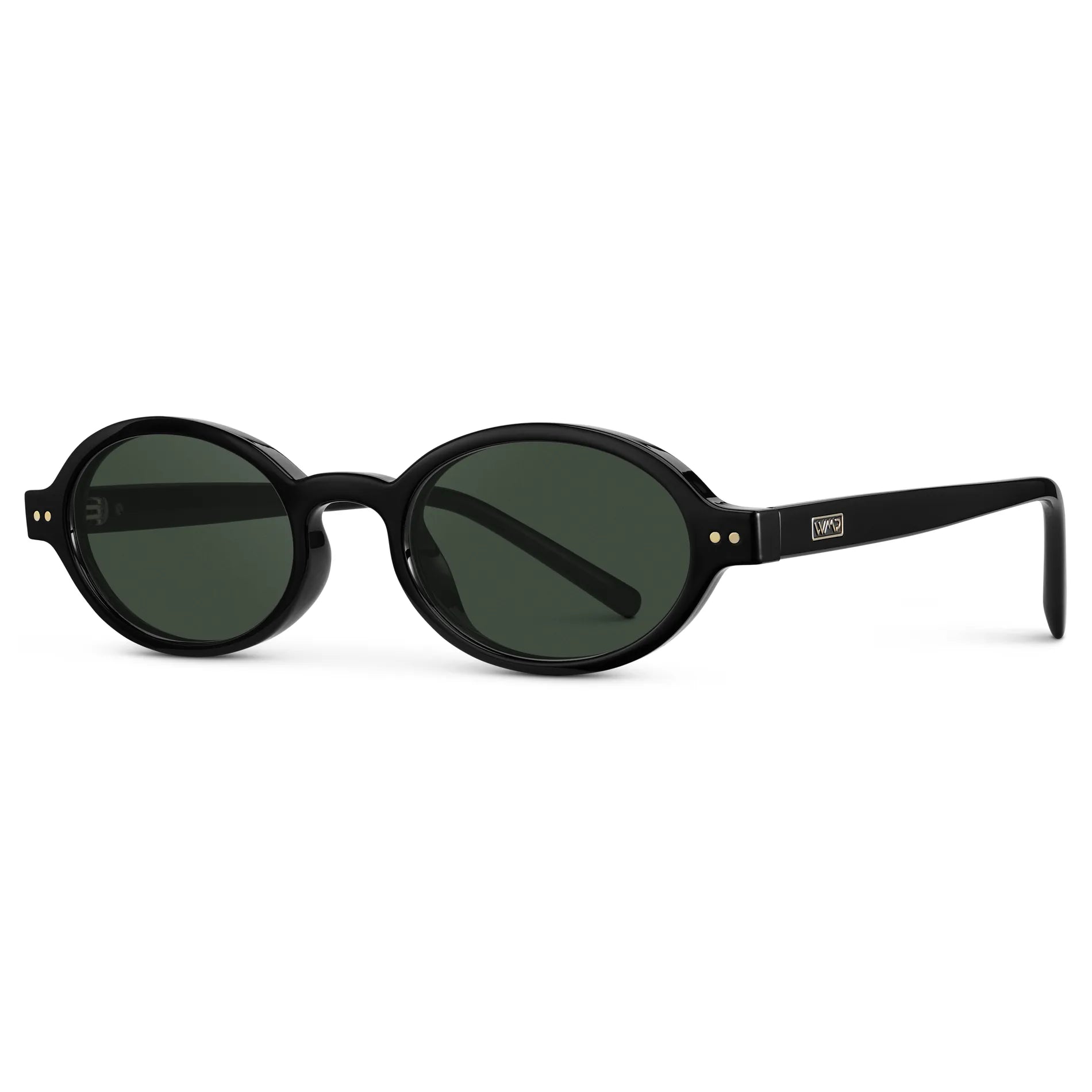 Black / G15 || Side view of Women's Slim Oval Prescription Sunglasses with Black Frame and Green Lens on a white background