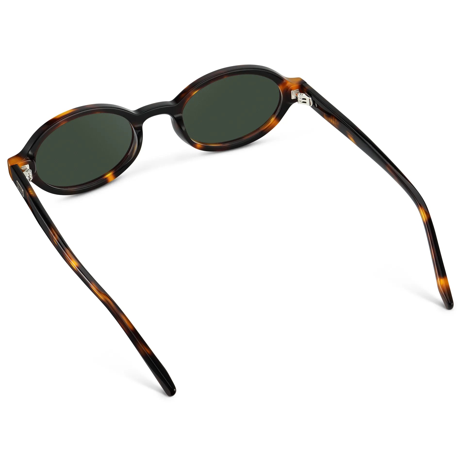 Brown Tortoise / G15 || Back view of Women's Slim Oval Prescription Sunglasses with Brown Tortoise Frame and Green Lens on a white background