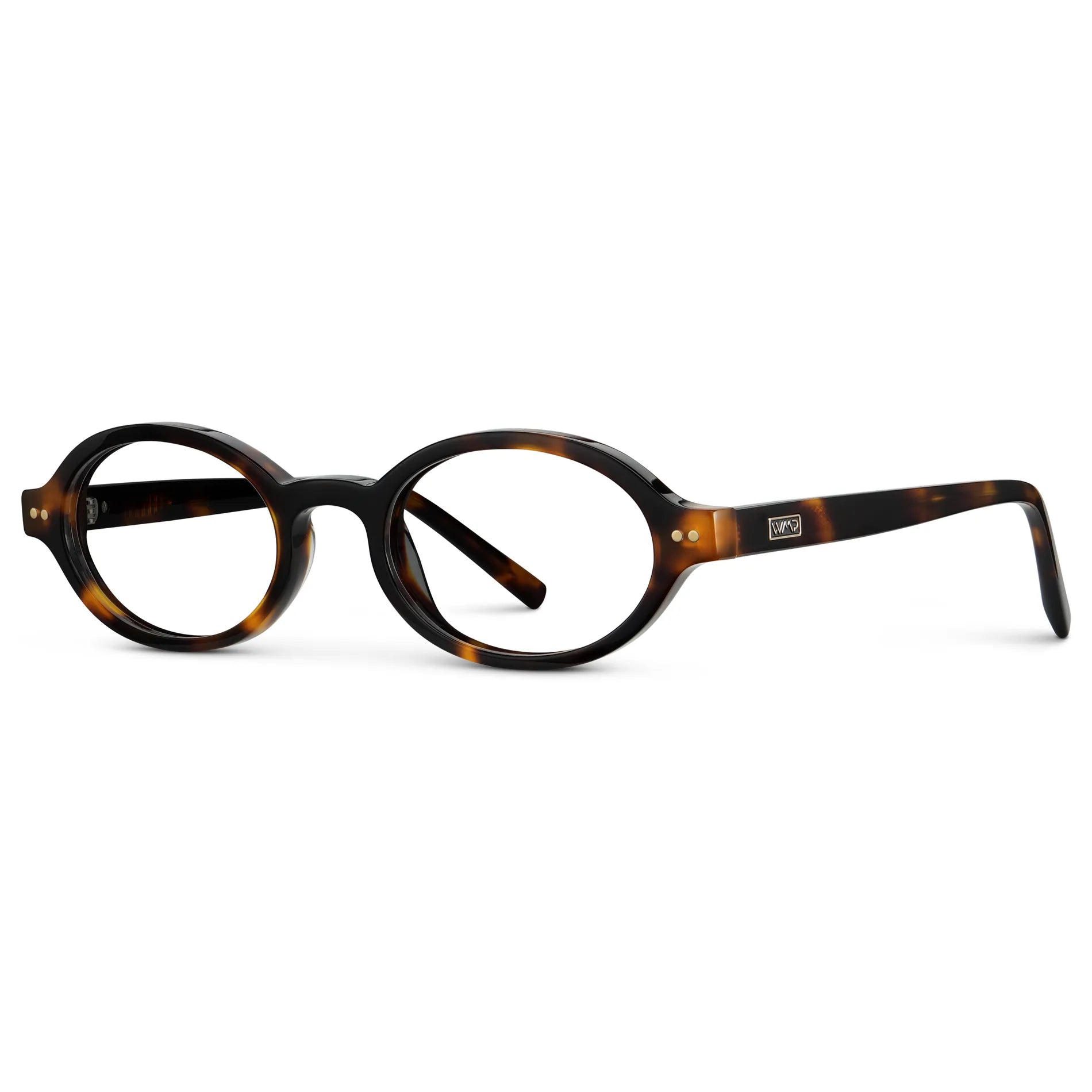Brown Tortoise || Side view of Women's Slim Oval Prescription Glasses with Brown Tortoise Frame and Clear Lens on a white background