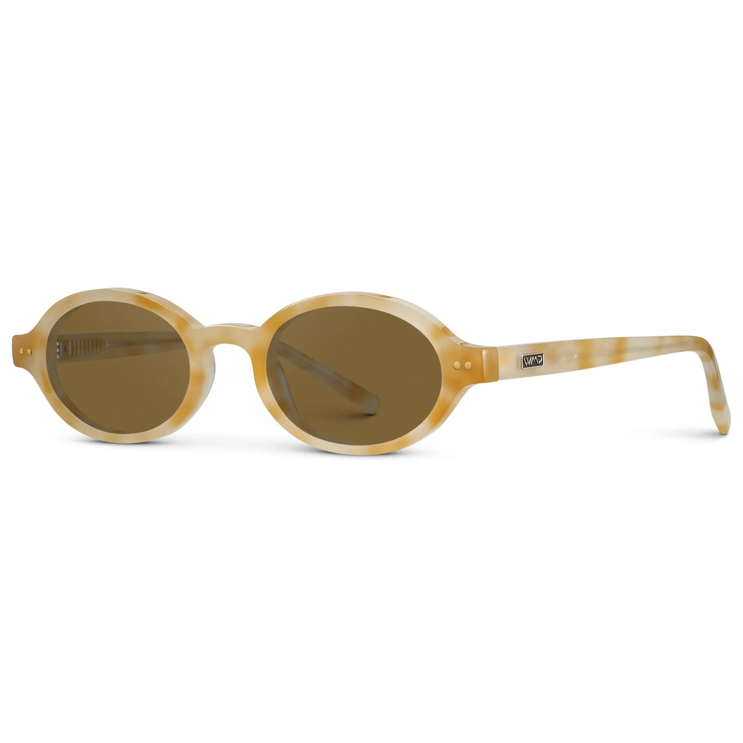 Butter Tortoise / Amber || Side view of Women's Slim Oval Prescription Sunglasses with Butter Tortoise Frame and Brown Lens on a white background 