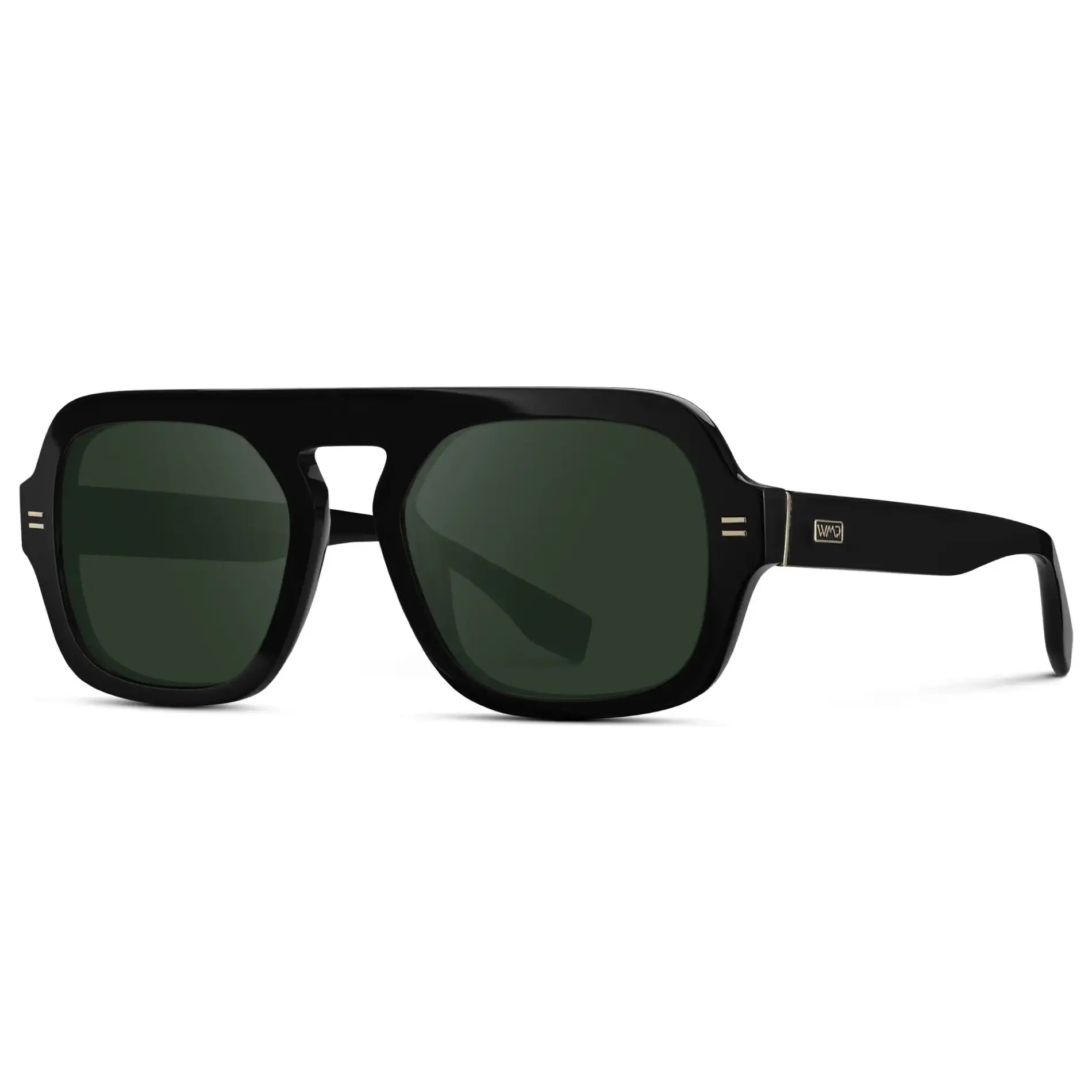 Black / G15 || Side view of Women's Oversized Aviator Prescription Sunglasses with Black Frame and Green Lenses on a white background