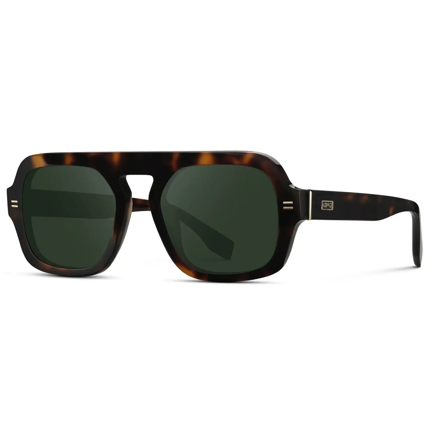 Brown Tortoise / G15 || Side view of Women's Oversized Aviator Prescription Sunglasses with Brown Tortoise Frame and Green Lenses on a white background