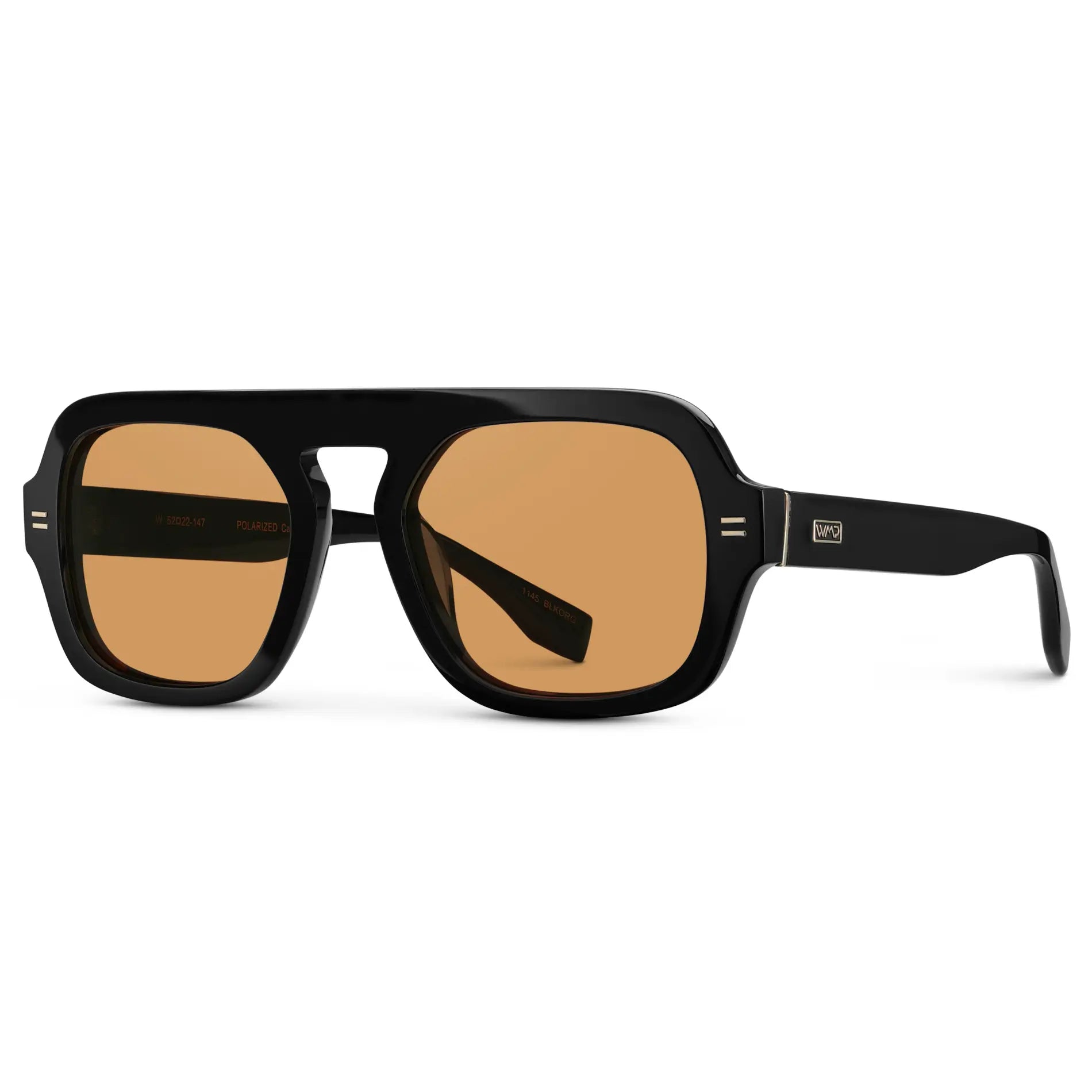Black / Orange Lens || Side view of Women's Aviator Polarized Sunglasses with Black Frame and Orange Lenses on a white background
