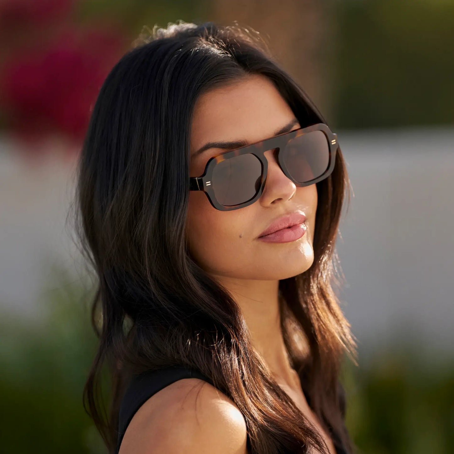 Brown Tortoise / Brown Lens || Model wearing Women's Aviator Polarized Sunglasses with Brown Tortoise Frame and Brown Lenses