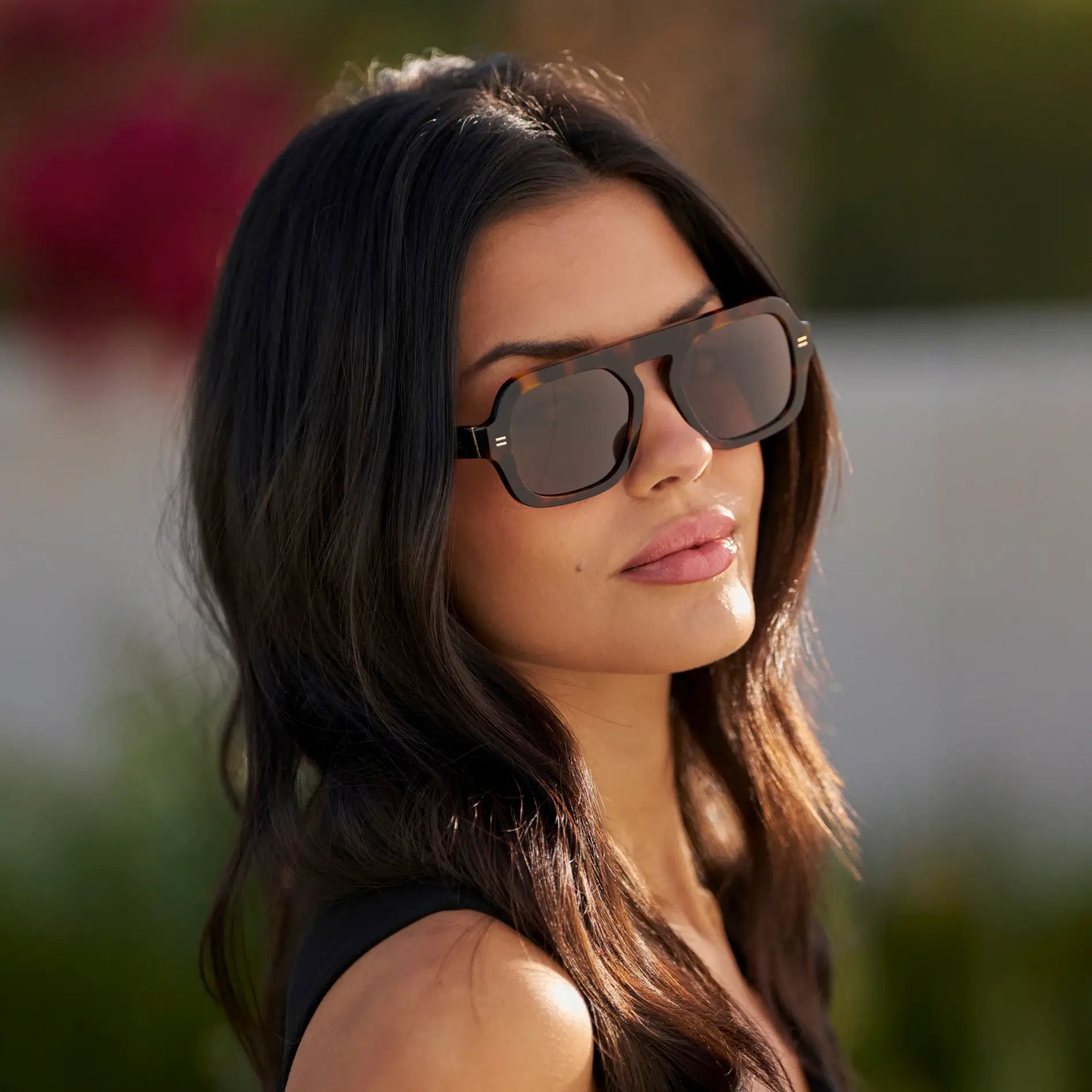 Brown Tortoise / Brown Lens || Model wearing Women's Aviator Polarized Sunglasses with Brown Tortoise Frame and Brown Lenses