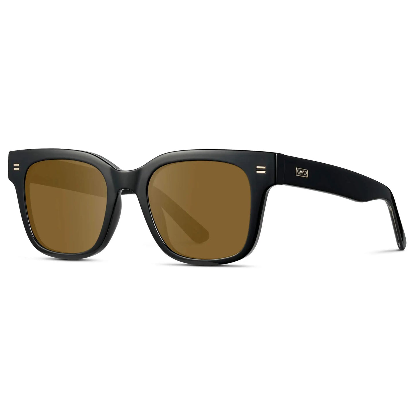 Black / Amber || Side view of Men's Square Frame Prescription Sunglasses with Black Frame and Brown Lenses