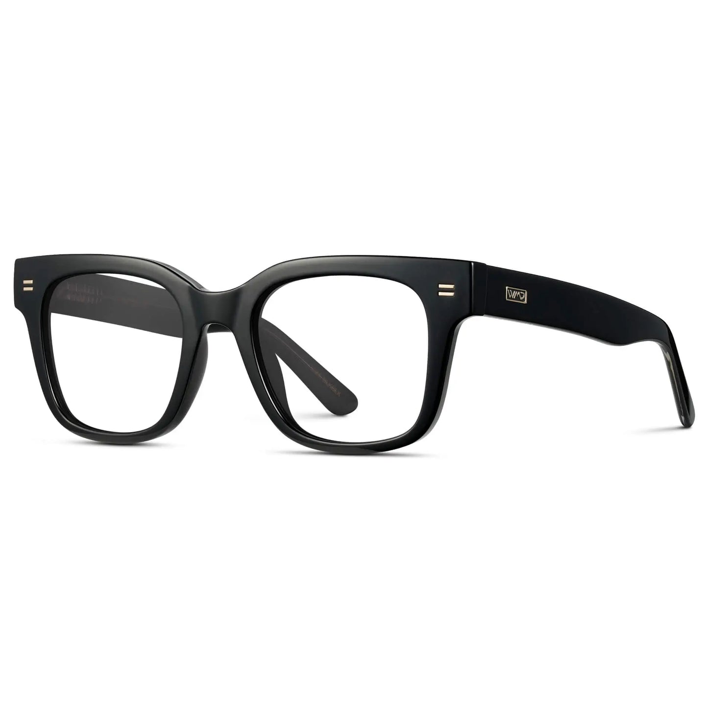 Black || Side view of Men's Square Prescription Glasses with Black Frames and Clear Lenses on a white background